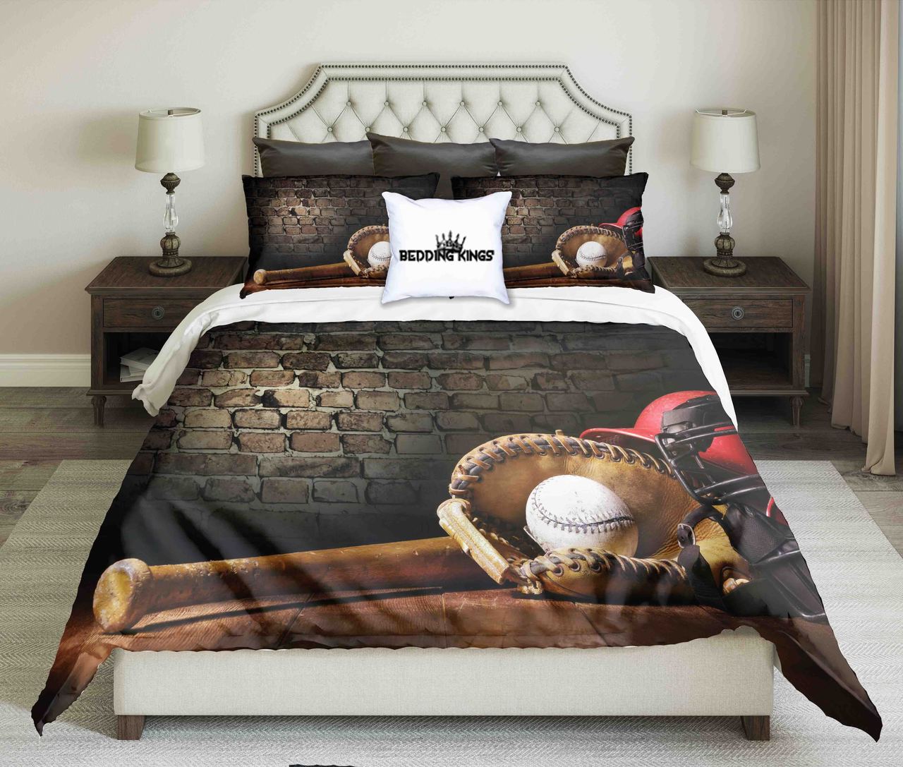 Baseball Tools On Brick Wall Background Design Kings 3D Customized Duvet Cover Bedding Set