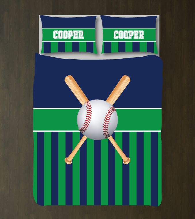 Baseball With Ball And Bats Customized Navy And Green Duvet Cover Bedding Set