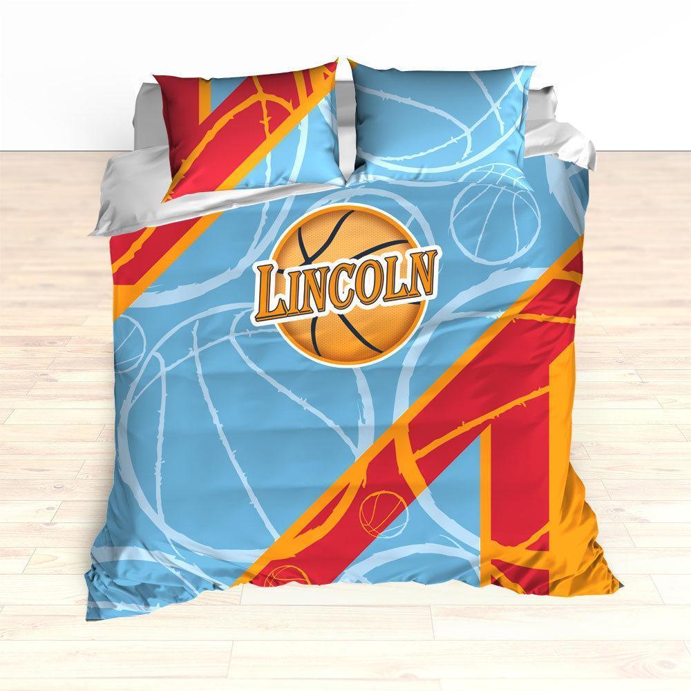 Basketball Stripes , Basketball , Basketball , Personalized, Blue, Red, Orange, Basketball Toddler Duvet Cover Bedding Set