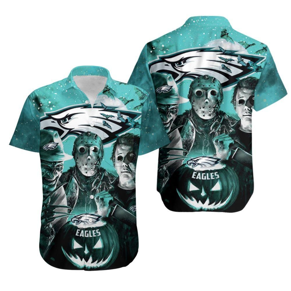 Beach Shirt Freddy Jason Michael Myers Loves Philadelphia Eagles Pumpkin Head Halloween 3D Hawaiian Shirt