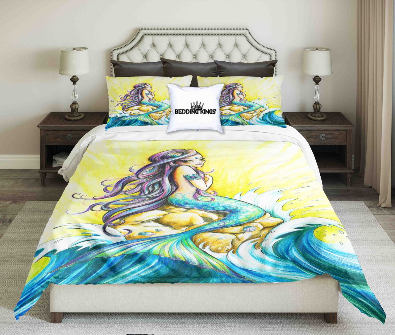 Beautiful Mermaid On Wave Design Kings 3D Customized Duvet Cover Bedding Set