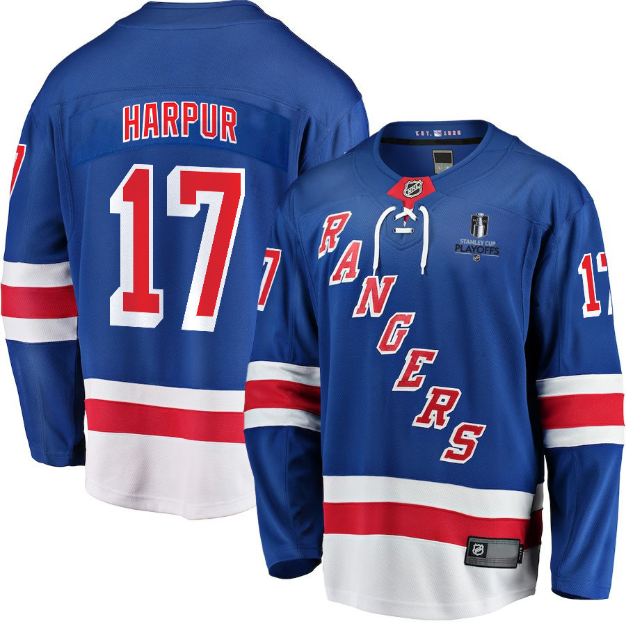 Ben Harpur 17 New York Rangers Stanley Cup 2023 Playoffs Patch Home Breakaway Men Stitched Jersey – Blue