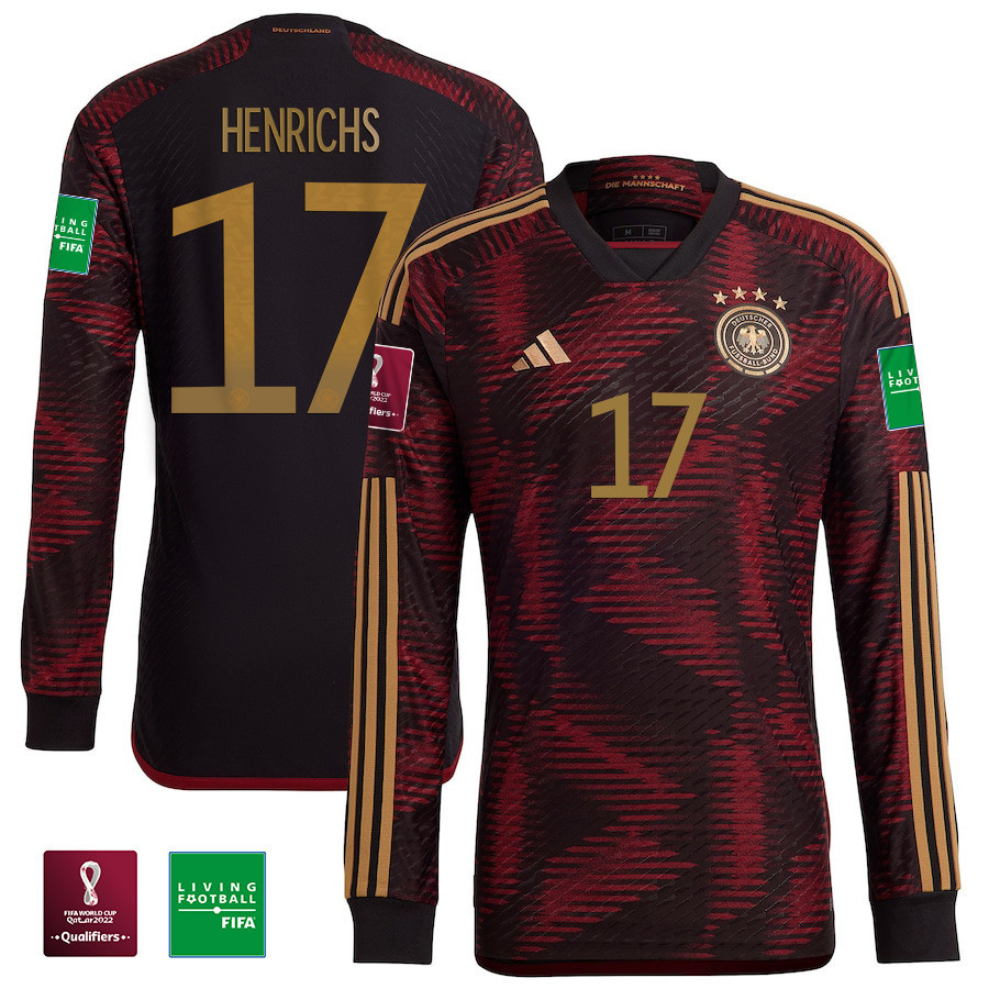 Benjamin Henrichs 17 Germany National Team FIFA World Cup Qatar 2022 Patch – Away Long Sleeve Soccer Jersey, Men