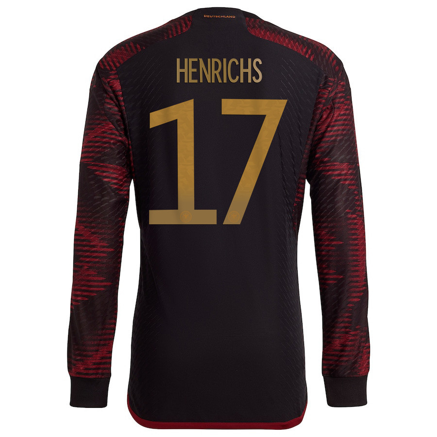 Benjamin Henrichs 17 Germany National Team FIFA World Cup Qatar 2022 Patch – Away Long Sleeve Soccer Jersey, Men