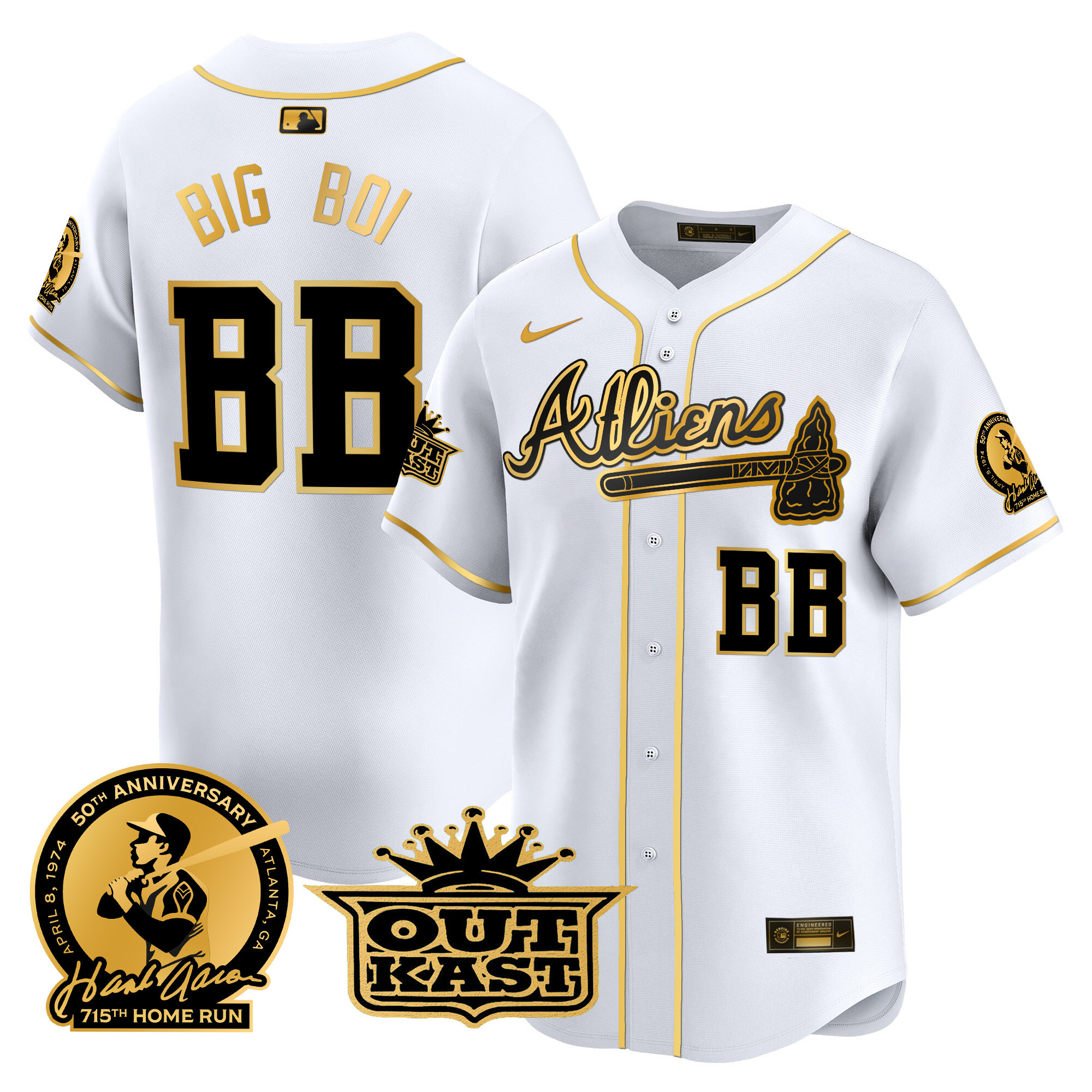 Big Boi Men's Atlanta Braves Atliens & Hank Aaron Patch Vapor Premier Limited White Gold Jersey - All Stitched