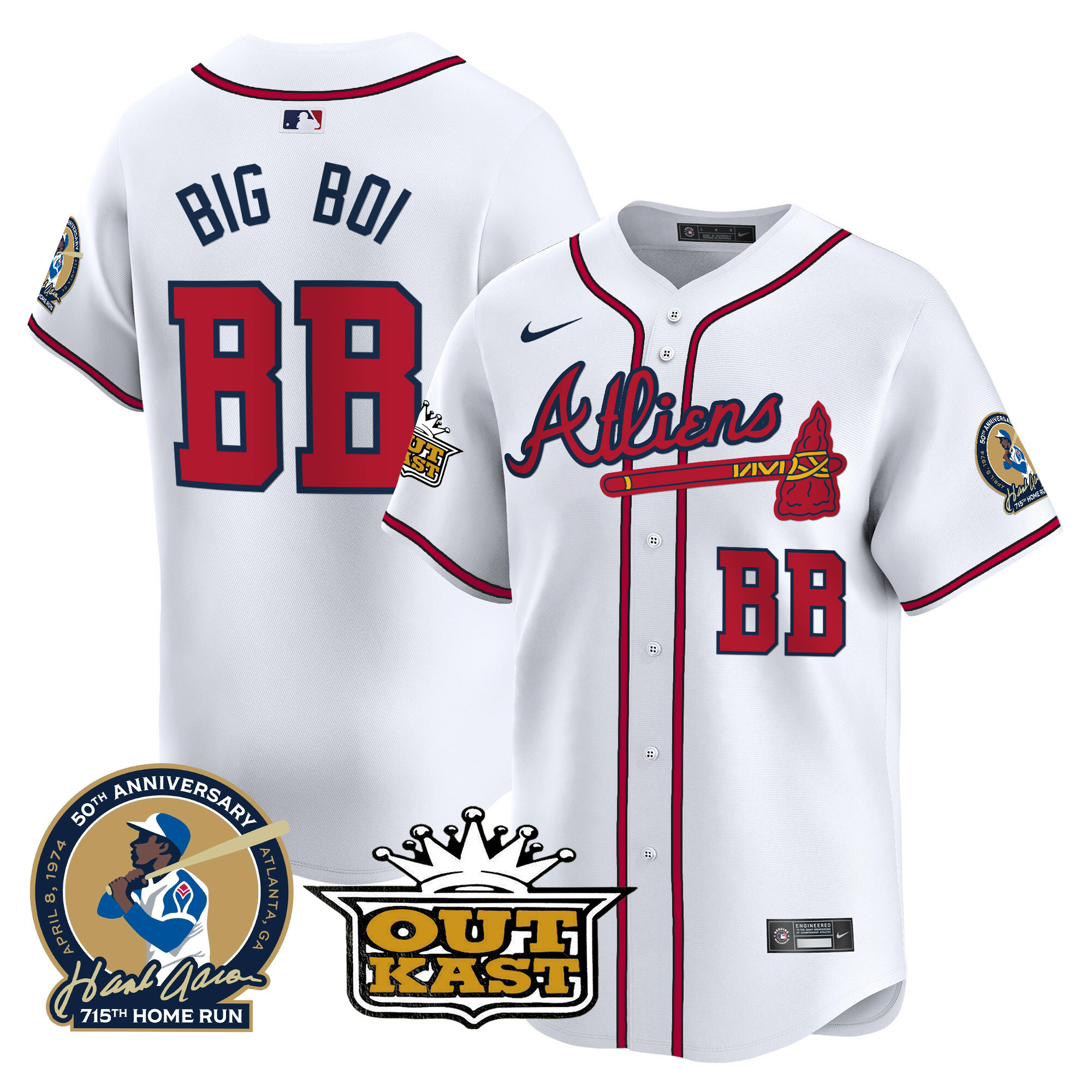 Big Boi Men's Atlanta Braves Atliens & Hank Aaron Patch Vapor Premier Limited White Jersey - All Stitched