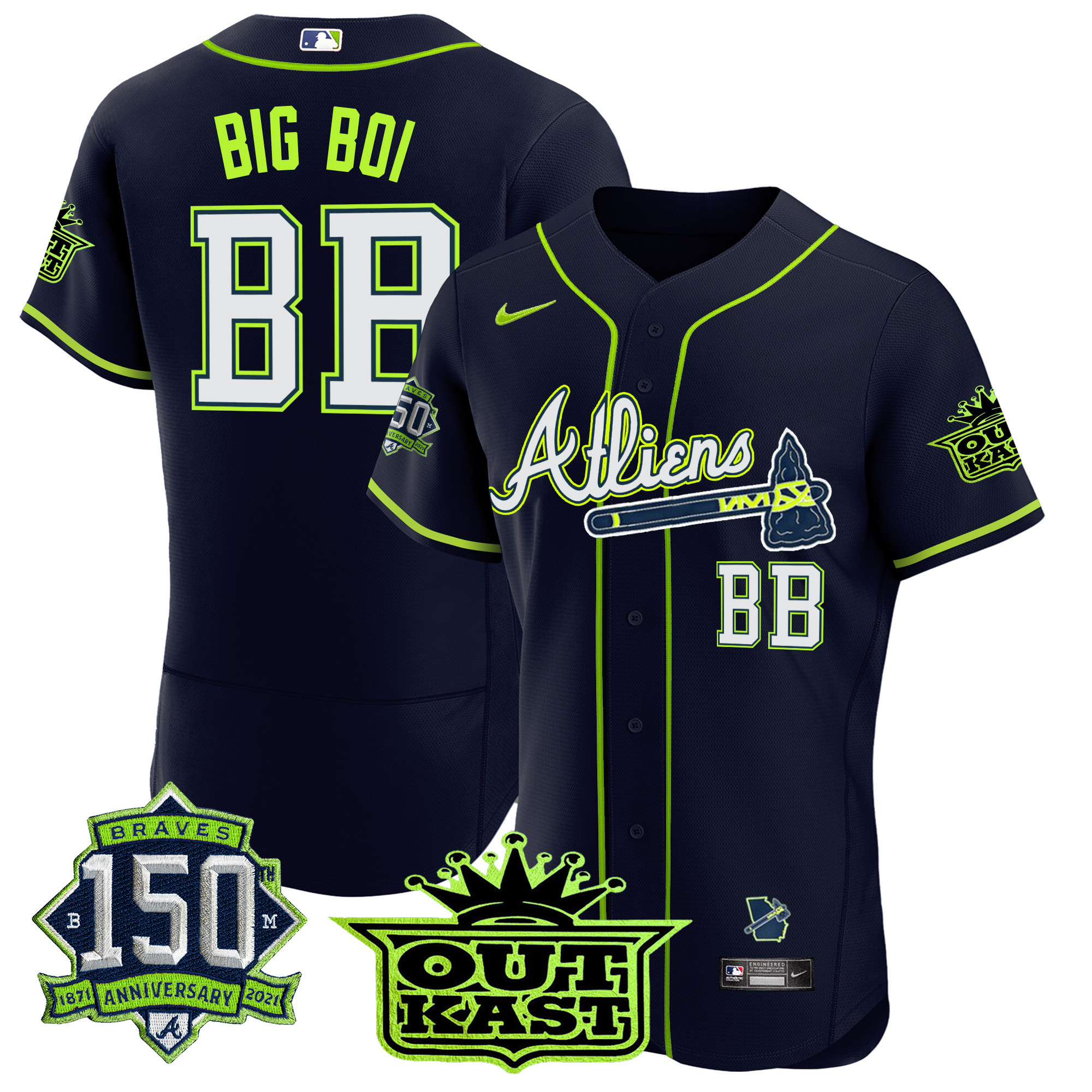 Big Boi Men's Atlanta Braves Atliens 150th Anniversary Patch Flex Base Jersey - All Stitched
