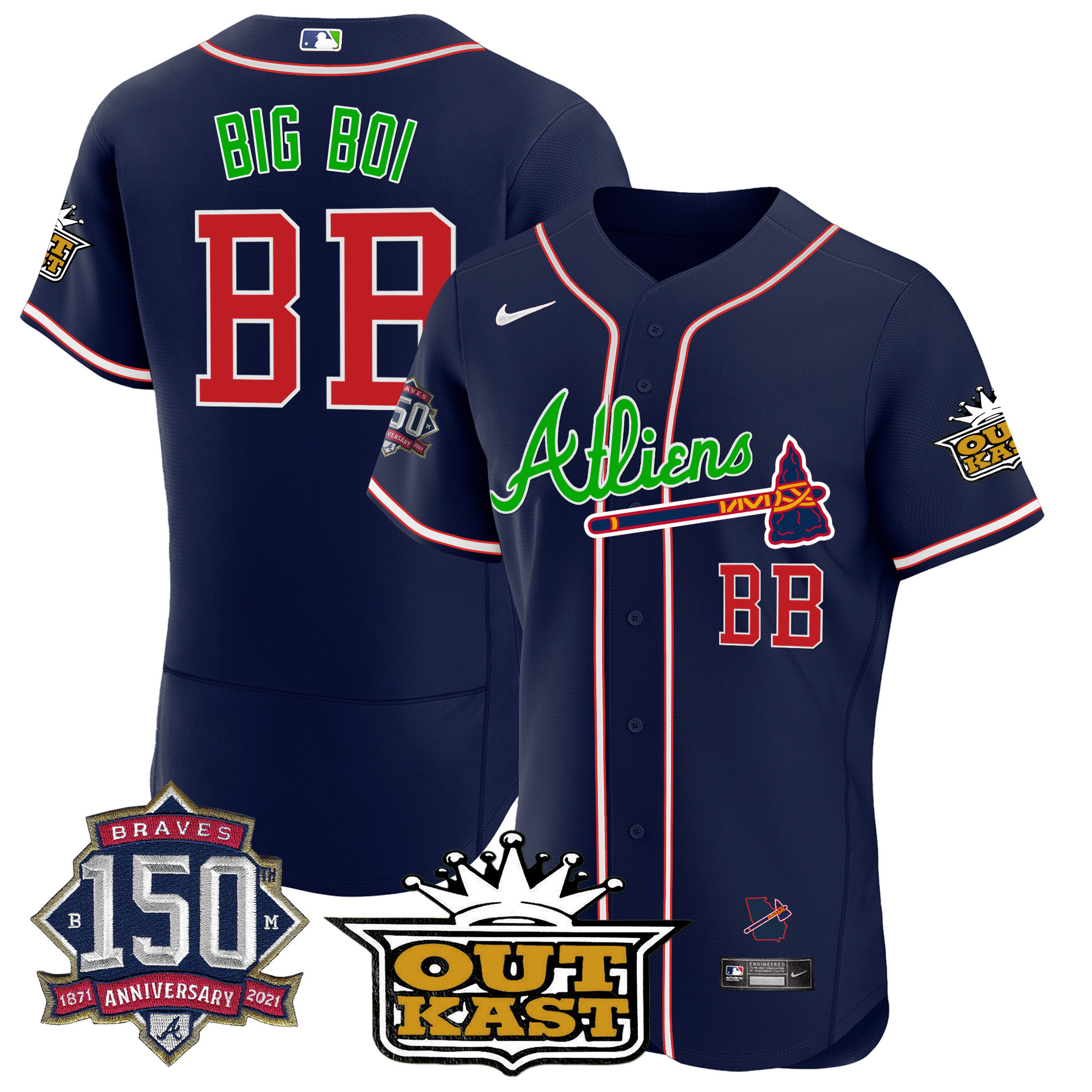 Big Boi Men's Atlanta Braves Atliens 150th Anniversary Patch Flex Base Navy Jersey - All Stitched