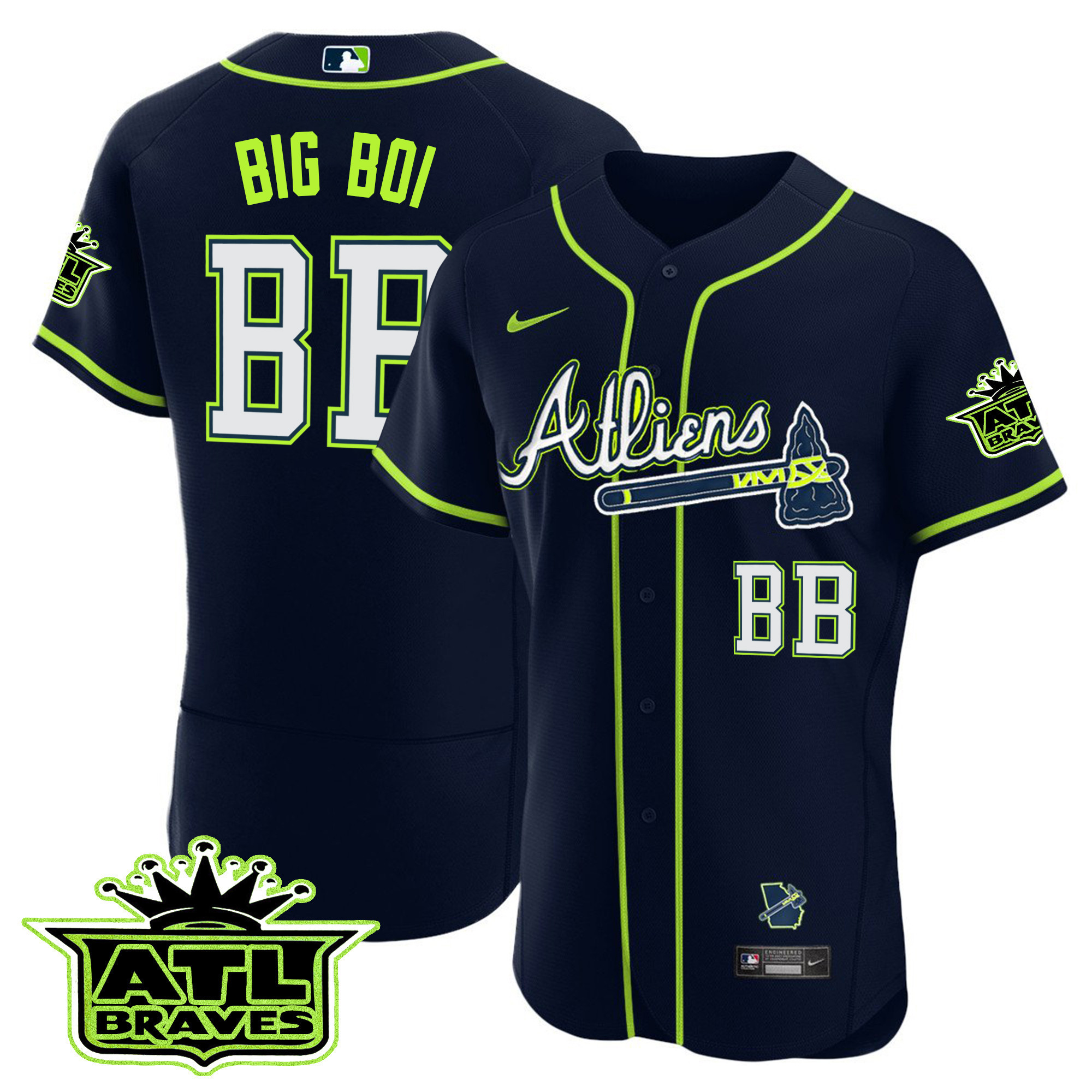 Big Boi Men's Atlanta Braves Atliens ATL Patch Flex Base Jersey - All Stitched
