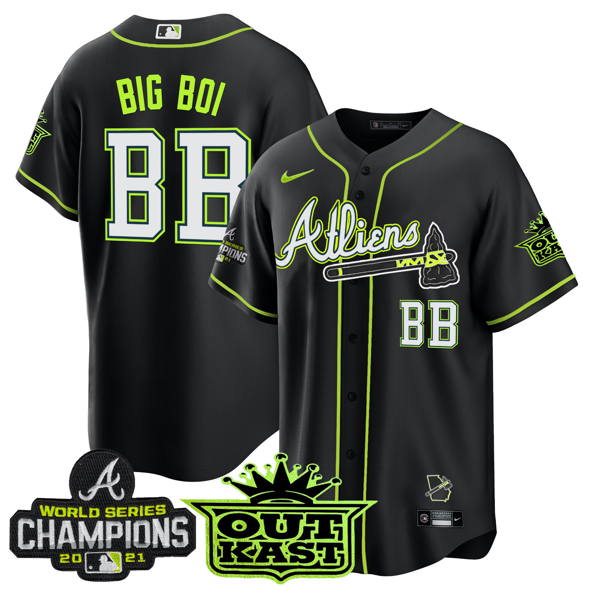 Big Boi Men's Atlanta Braves Atliens Champions Cool Base Black Jersey - All Stitched