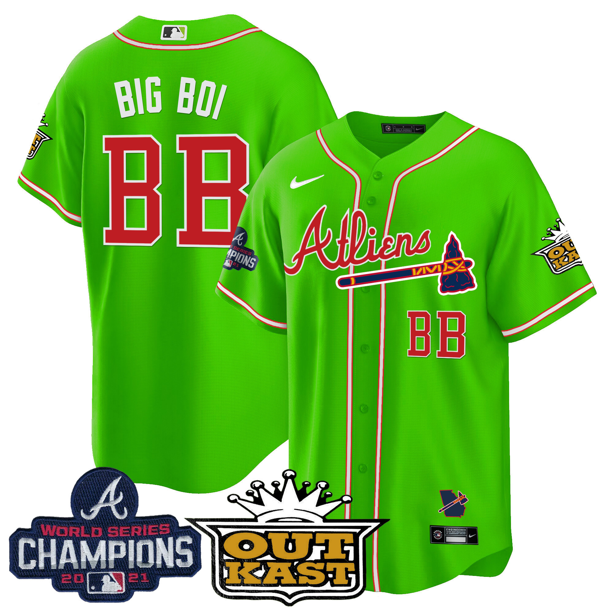Big Boi Men's Atlanta Braves Atliens Champions Cool Base Bright Green Jersey - All Stitched