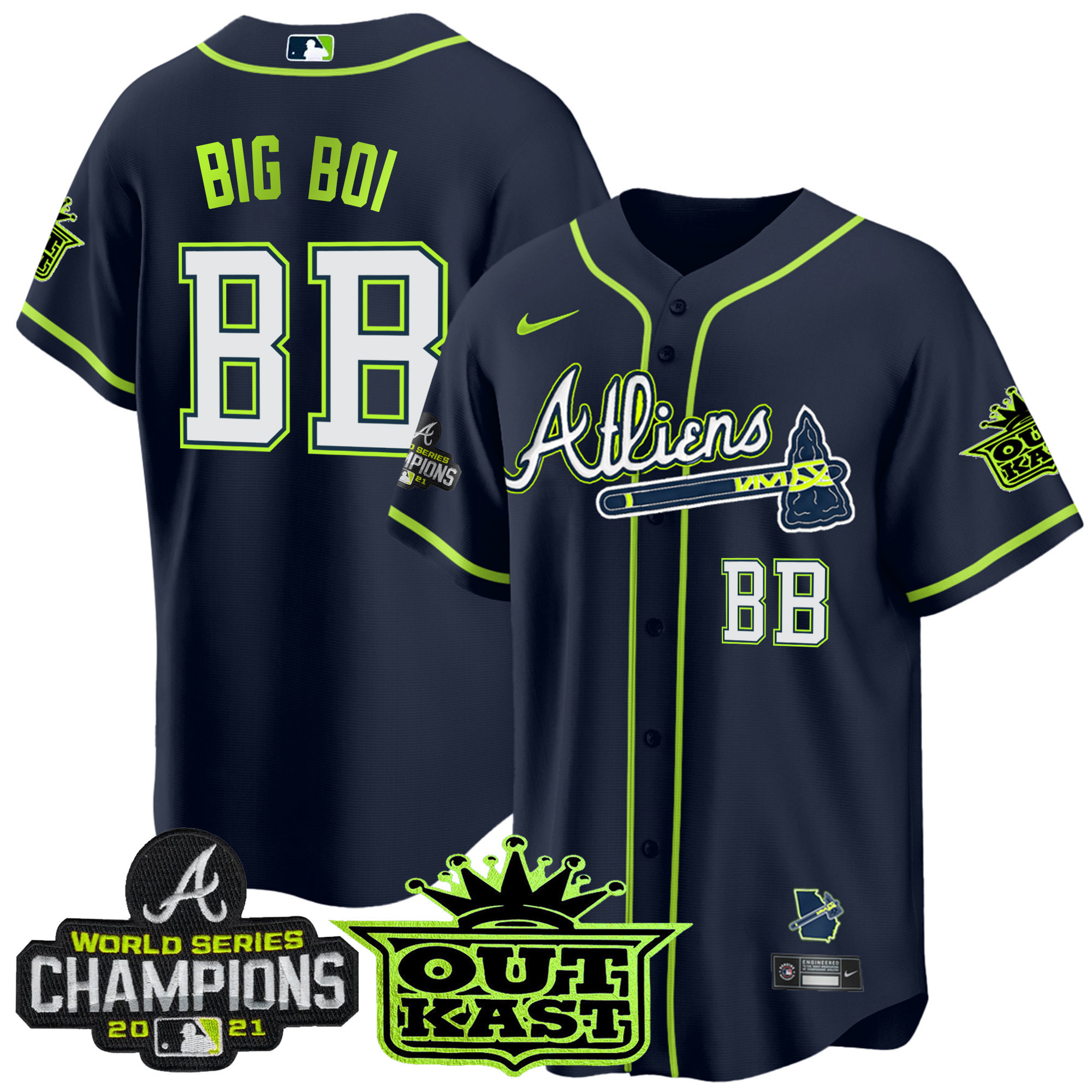 Big Boi Men's Atlanta Braves Atliens Champions Cool Base Jersey - All Stitched