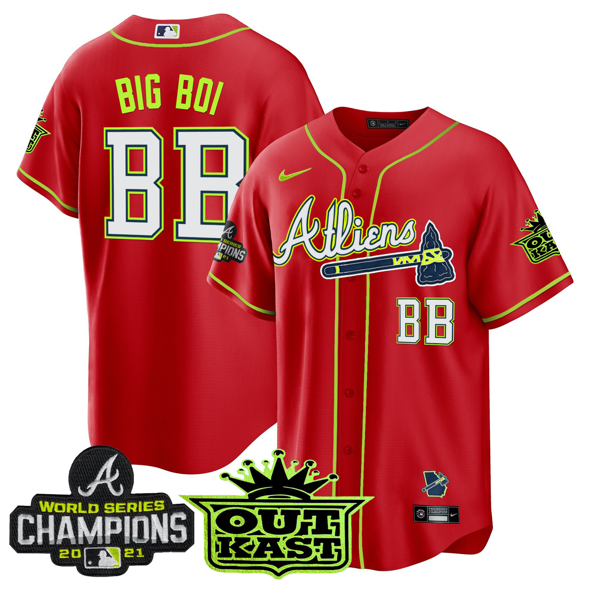 Big Boi Men's Atlanta Braves Atliens Champions Cool Base Red Jersey - All Stitched