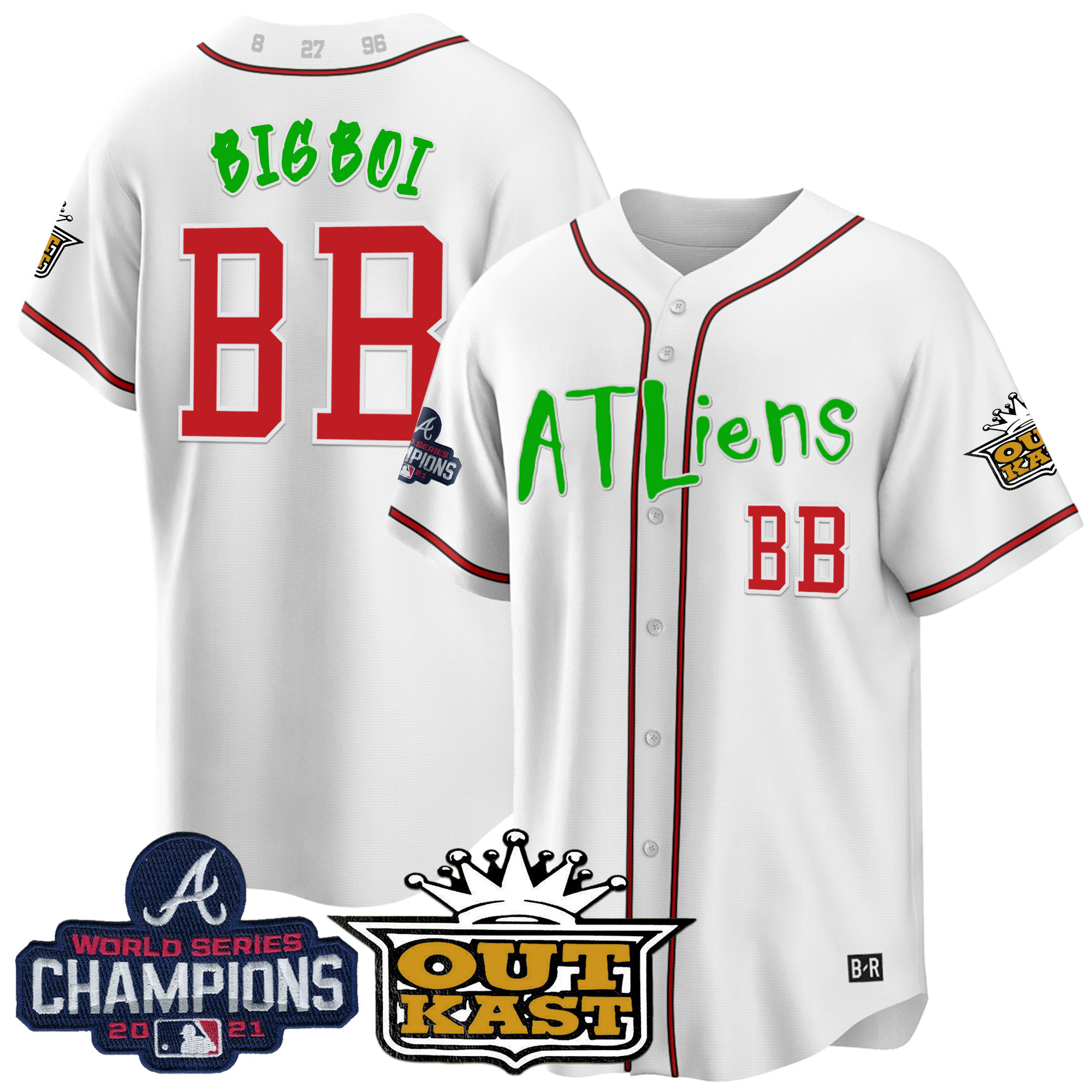Big Boi Men's Atlanta Braves Atliens Champions Cool Base White Jersey - All Stitched
