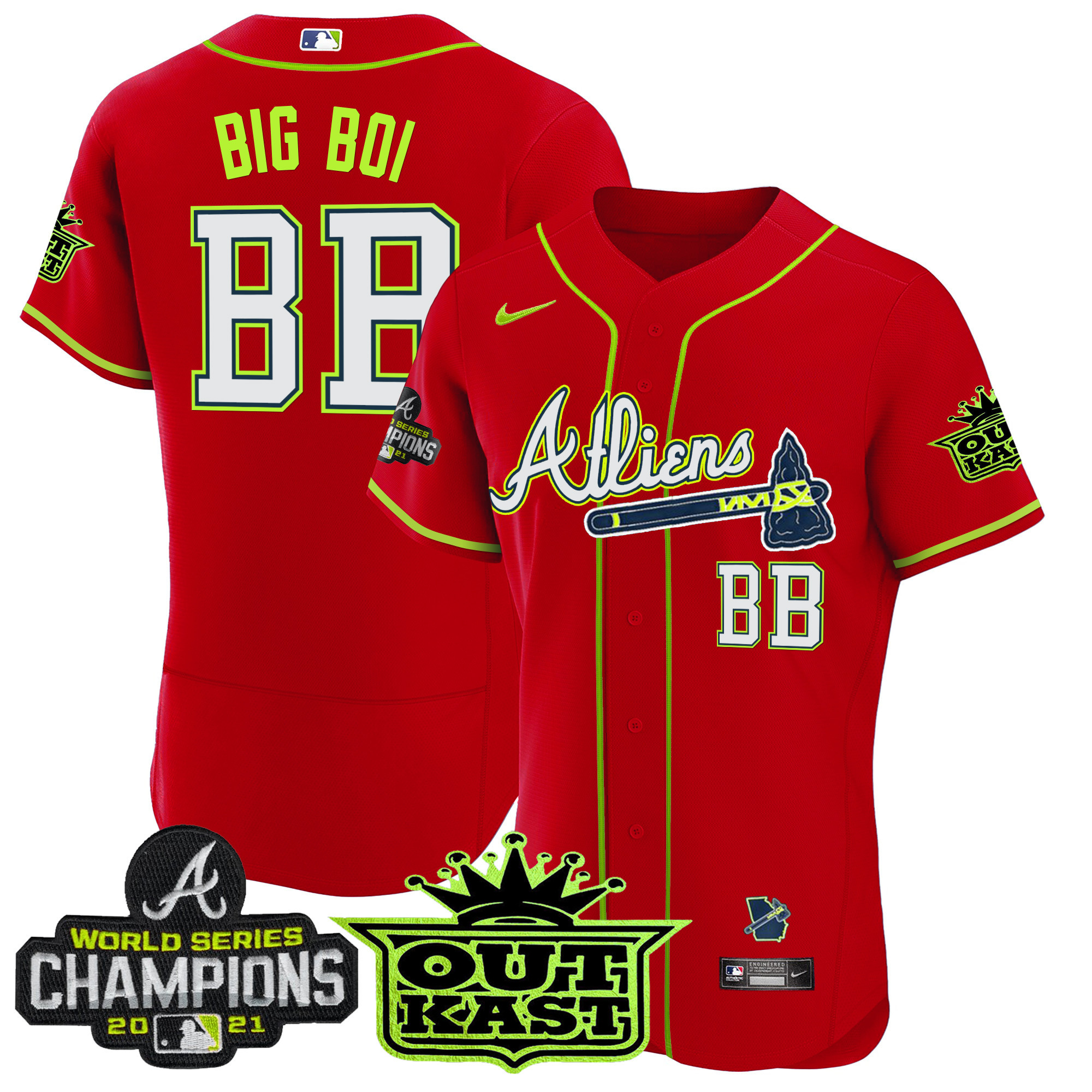Big Boi Men's Atlanta Braves Atliens Champions Flex Base Red Jersey - All Stitched