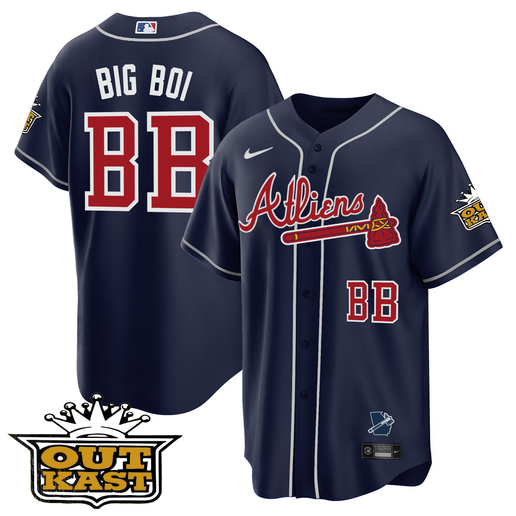 Big Boi Men's Atlanta Braves Atliens Cool Base V2 Navy Jersey - All Stitched