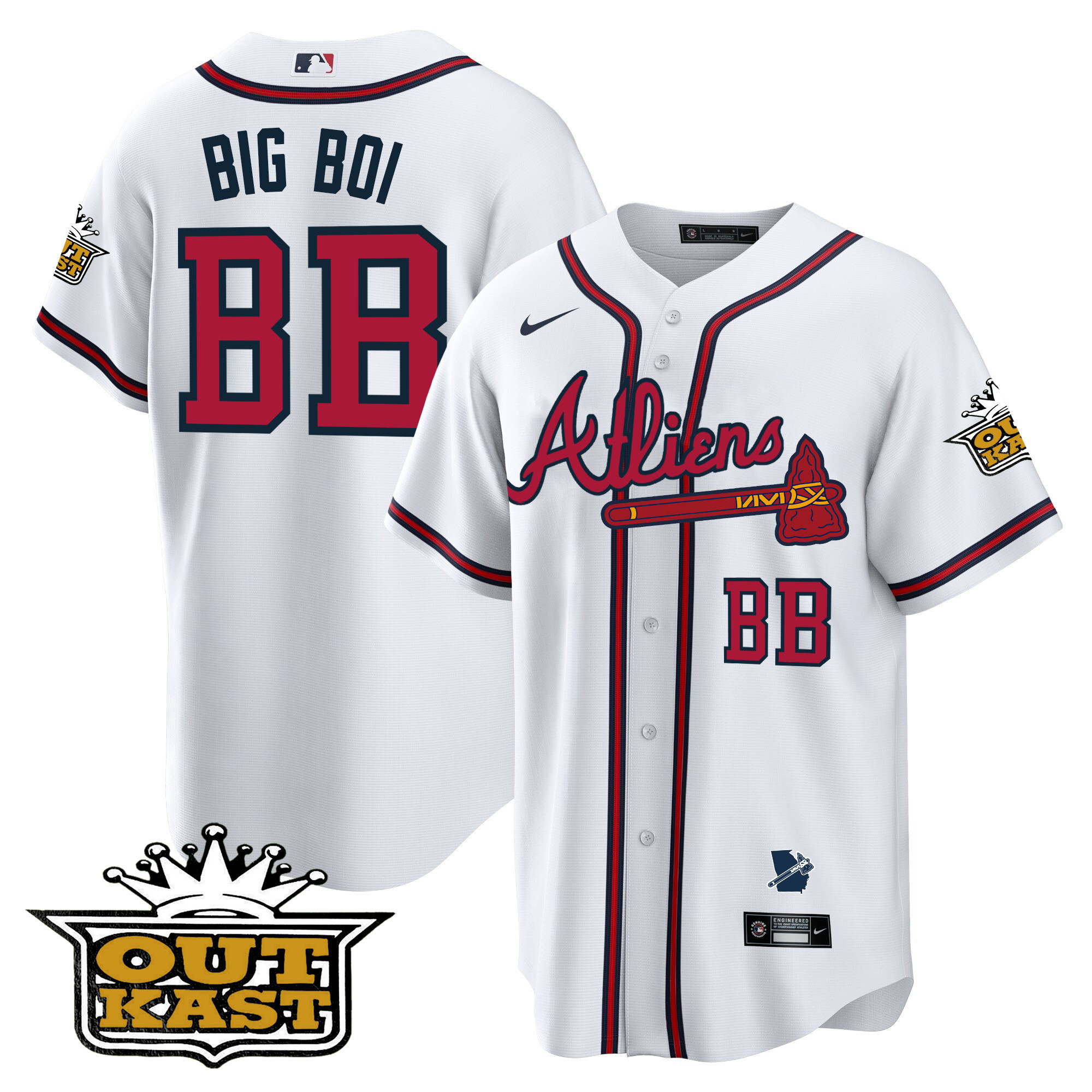Big Boi Men's Atlanta Braves Atliens Cool Base V2 White Jersey - All Stitched