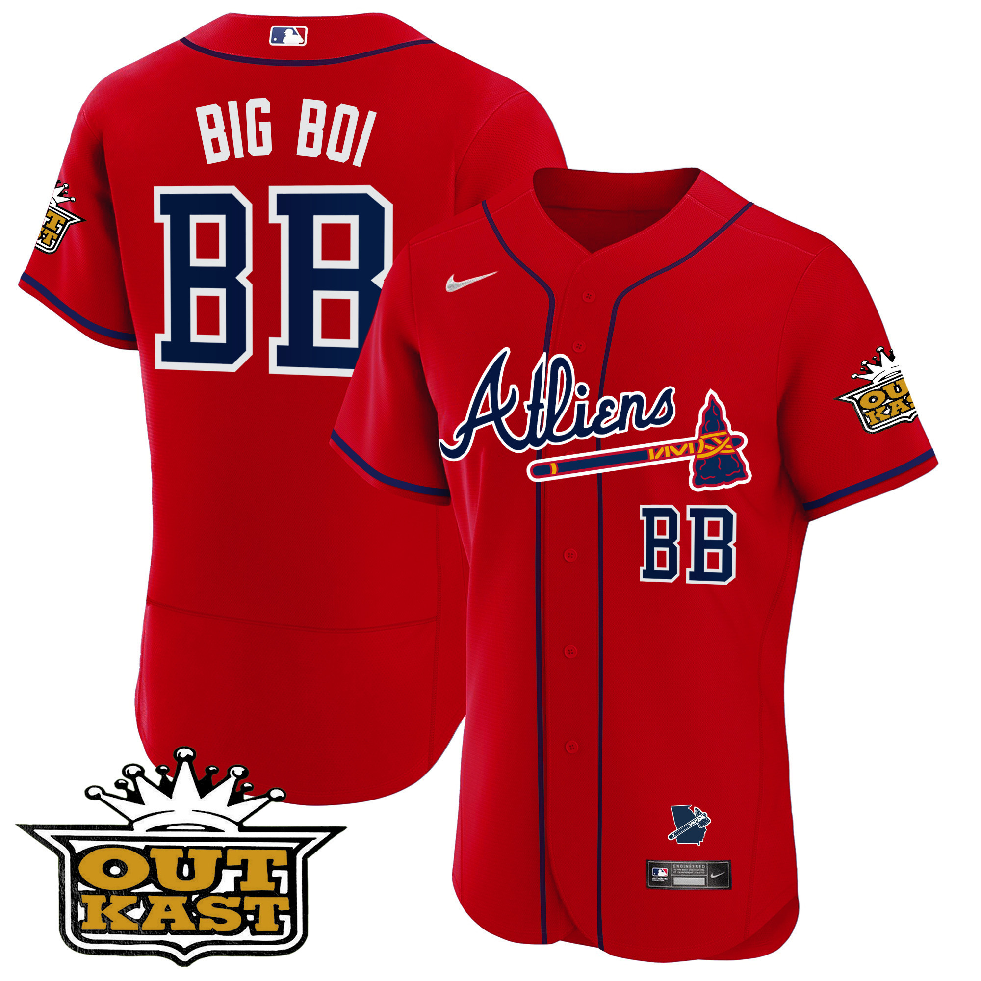 Big Boi Men's Atlanta Braves Atliens Flex Base V2 Red Jersey - All Stitched