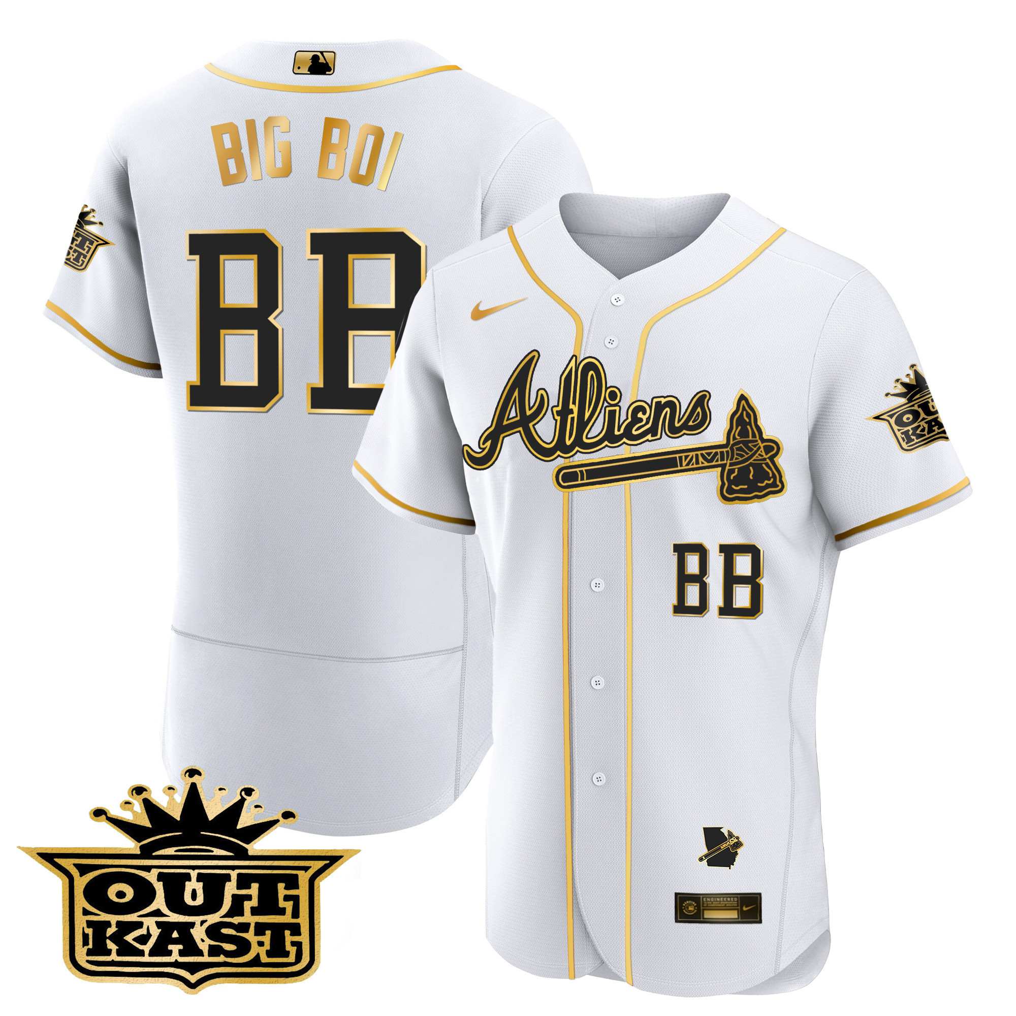 Big Boi Men's Atlanta Braves Atliens Flex Base V2 White Gold Jersey - All Stitched