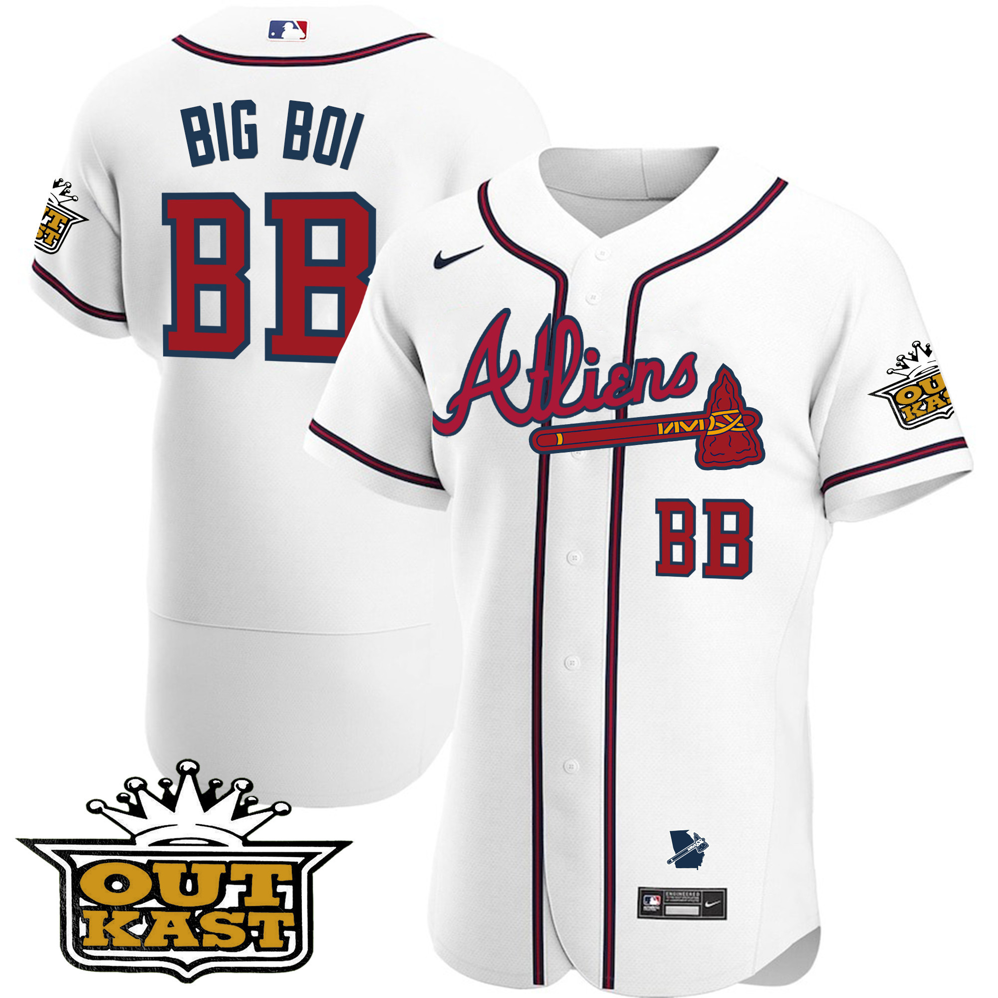Big Boi Men's Atlanta Braves Atliens Flex Base V2 White Jersey - All Stitched