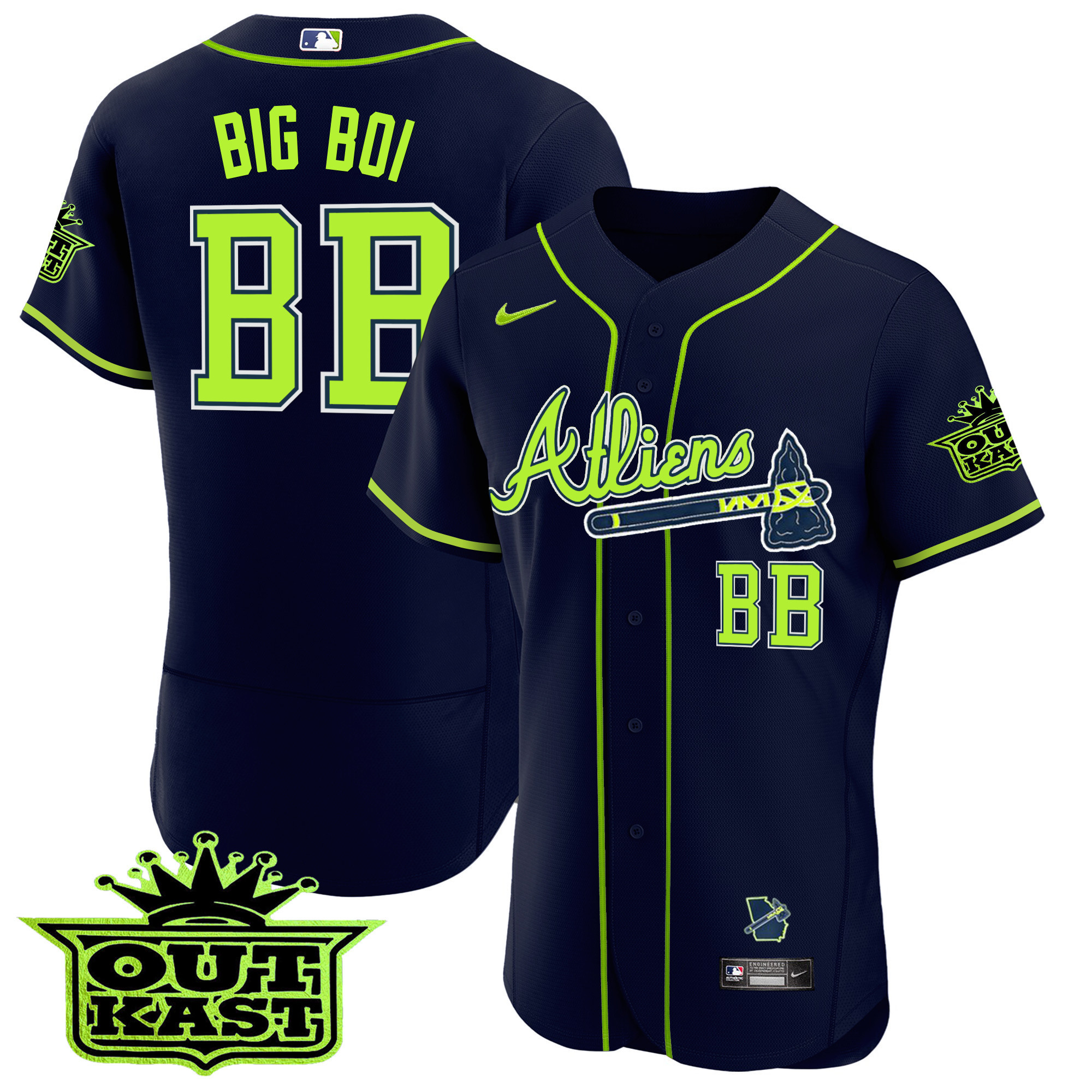 Big Boi Men's Atlanta Braves Atliens Flex Base V3 Atliens Green Jersey - All Stitched