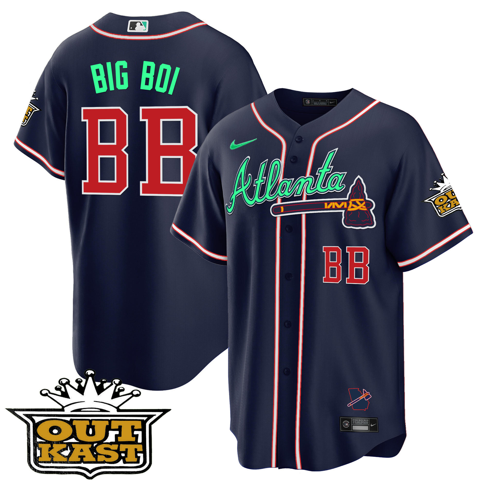 Big Boi Men's Atlanta Braves Outkast Cool Base V3 - Galaxy Version Navy Jersey - All Stitched