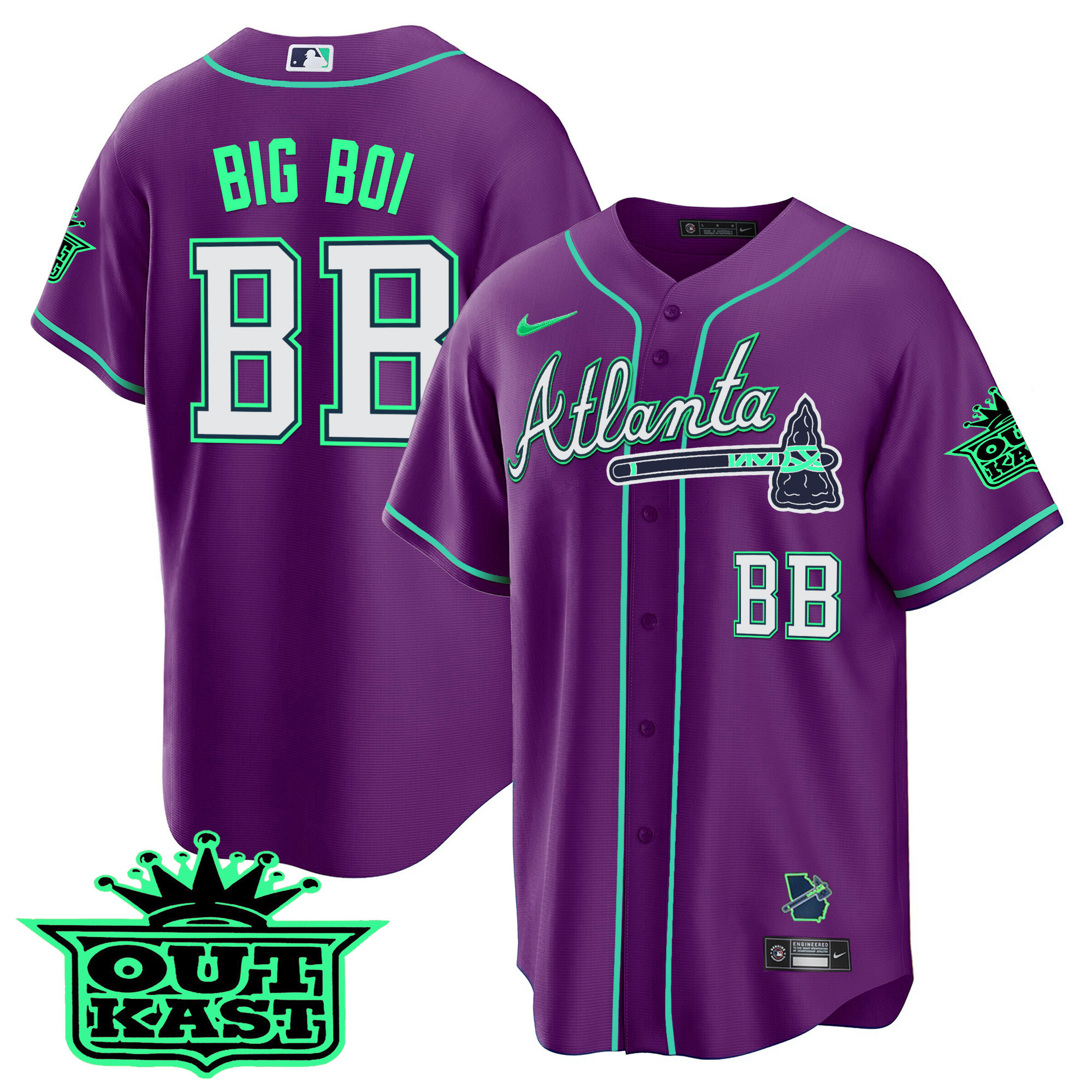 Big Boi Men's Atlanta Braves Outkast Cool Base V3 - Galaxy Version Purple Jersey - All Stitched