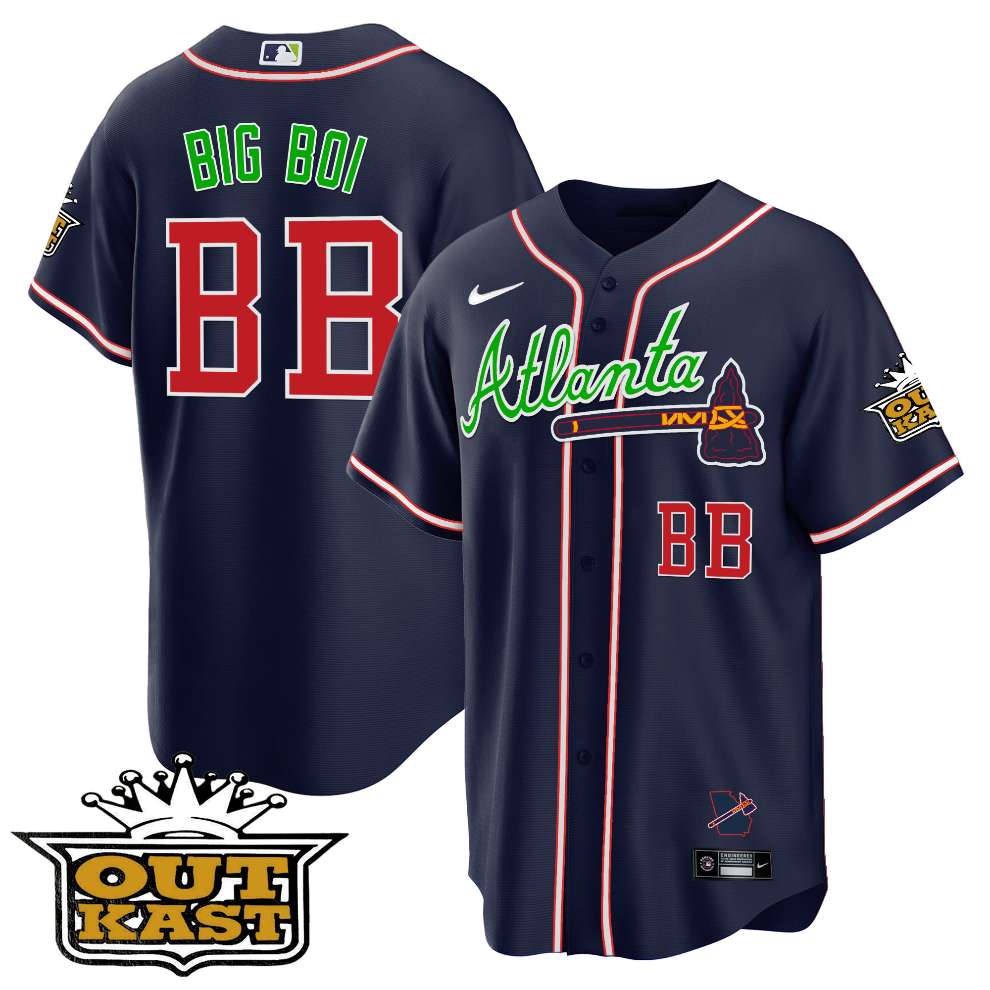 Big Boi Men's Atlanta Braves Outkast Cool Base V3 Navy Jersey - All Stitched
