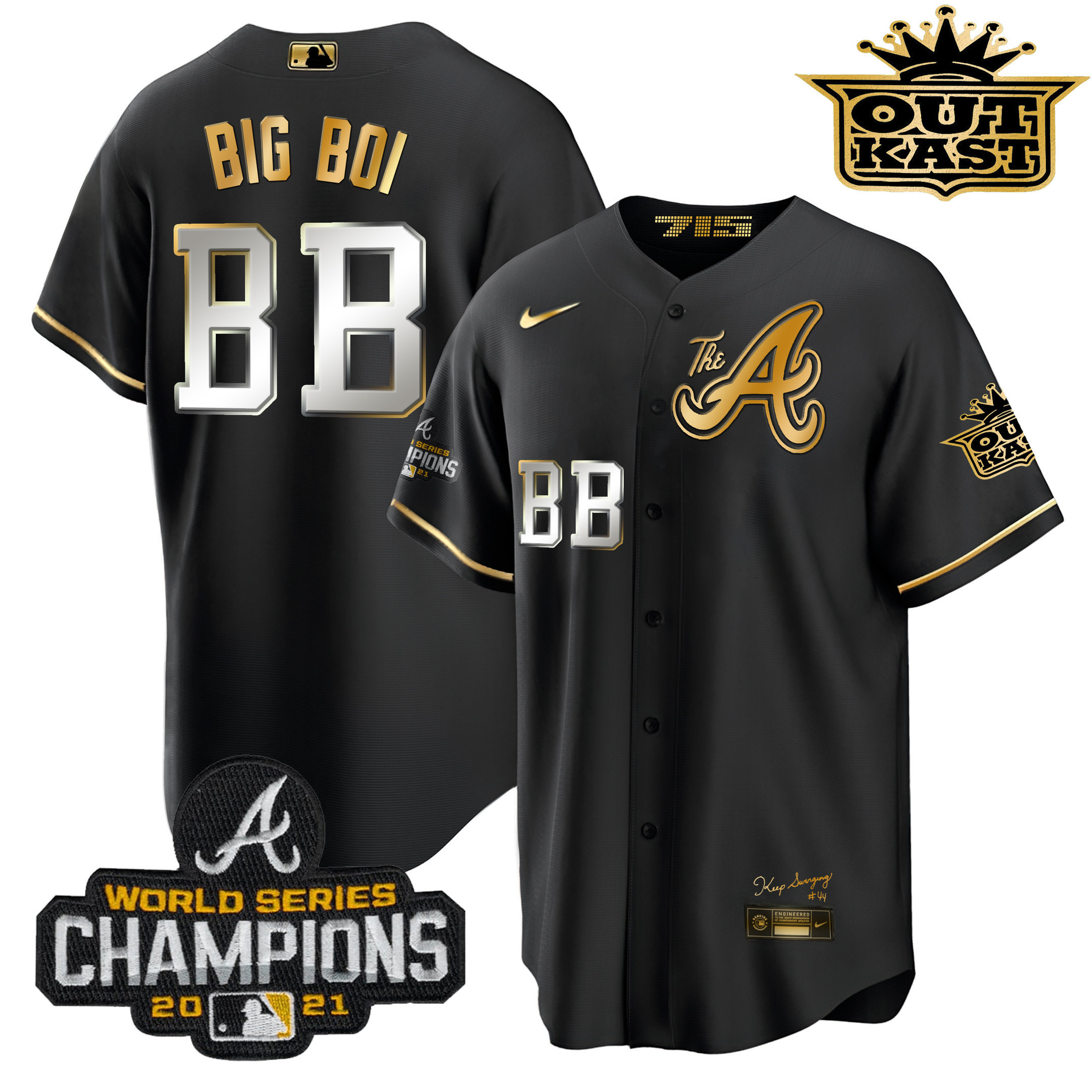 Big Boi Men's Atlanta Braves Outkast Gold The A Cool Base Black Gold Jersey - All Stitched