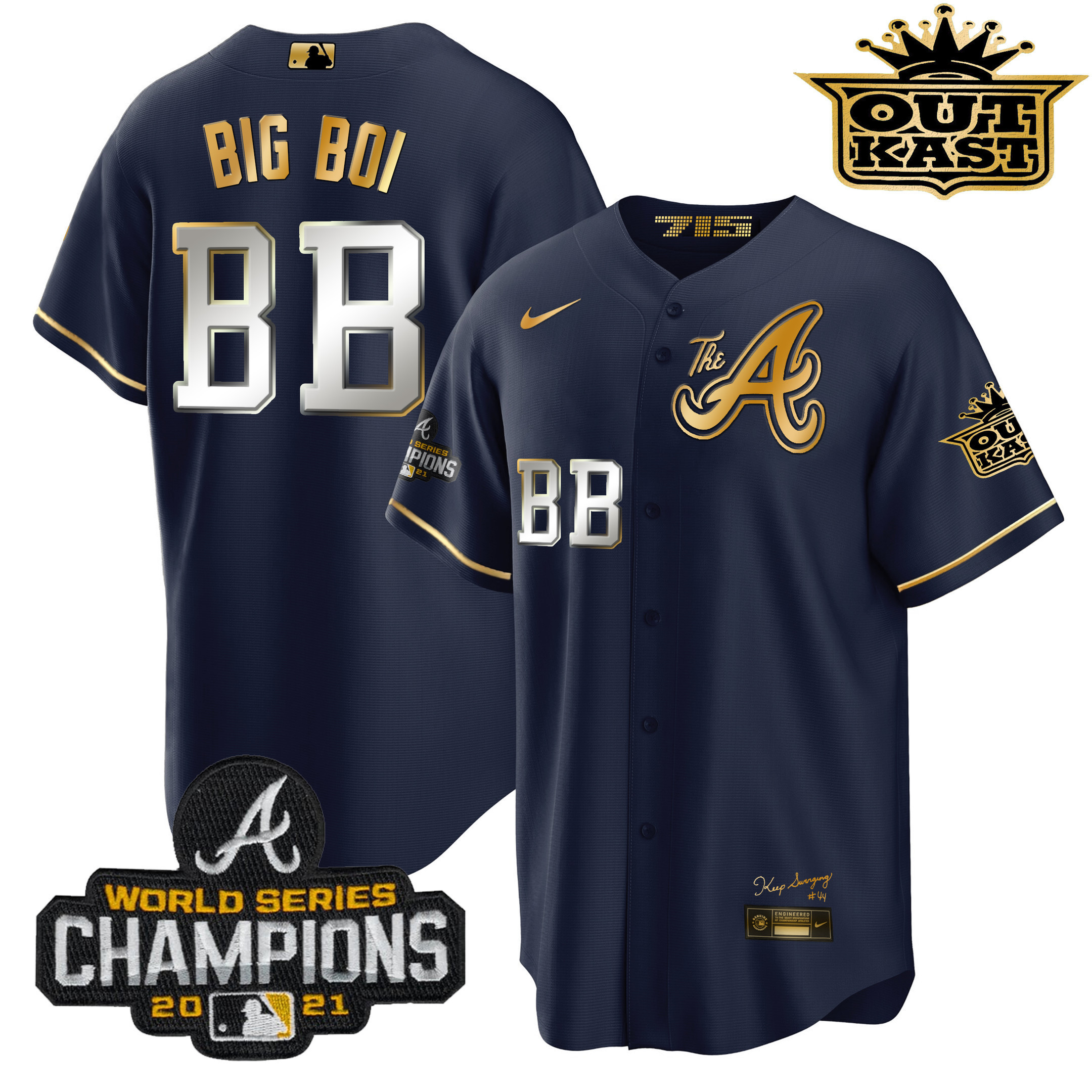 Big Boi Men's Atlanta Braves Outkast Gold The A Cool Base Navy Gold Jersey - All Stitched