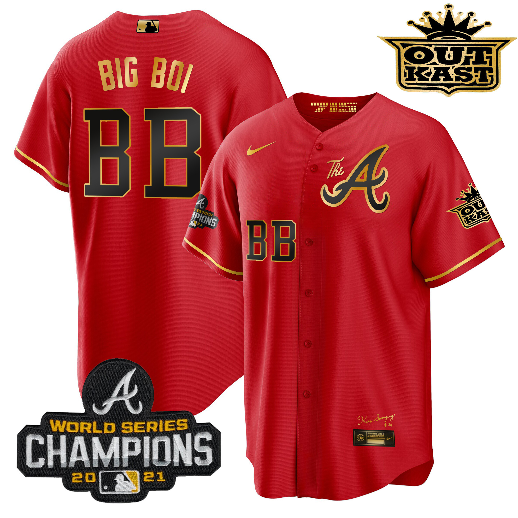 Big Boi Men's Atlanta Braves Outkast Gold The A Cool Base Red Gold Jersey - All Stitched