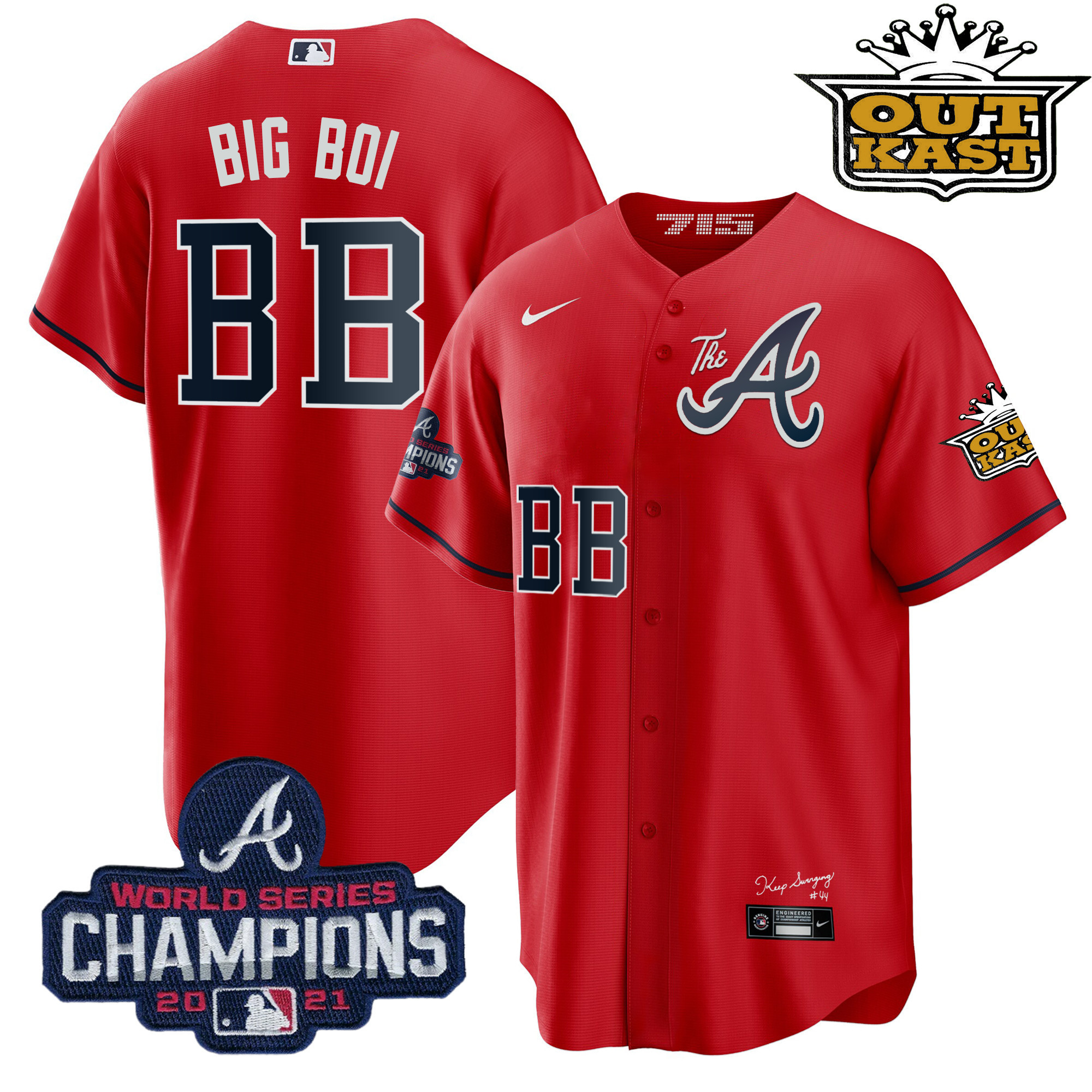 Big Boi Men's Atlanta Braves Outkast Gold The A Cool Base Red Jersey - All Stitched