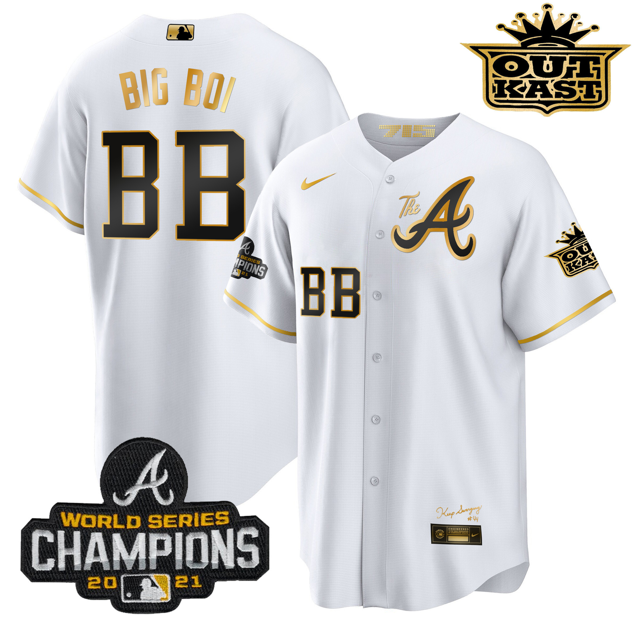 Big Boi Men's Atlanta Braves Outkast Gold The A Cool Base White Gold Jersey - All Stitched