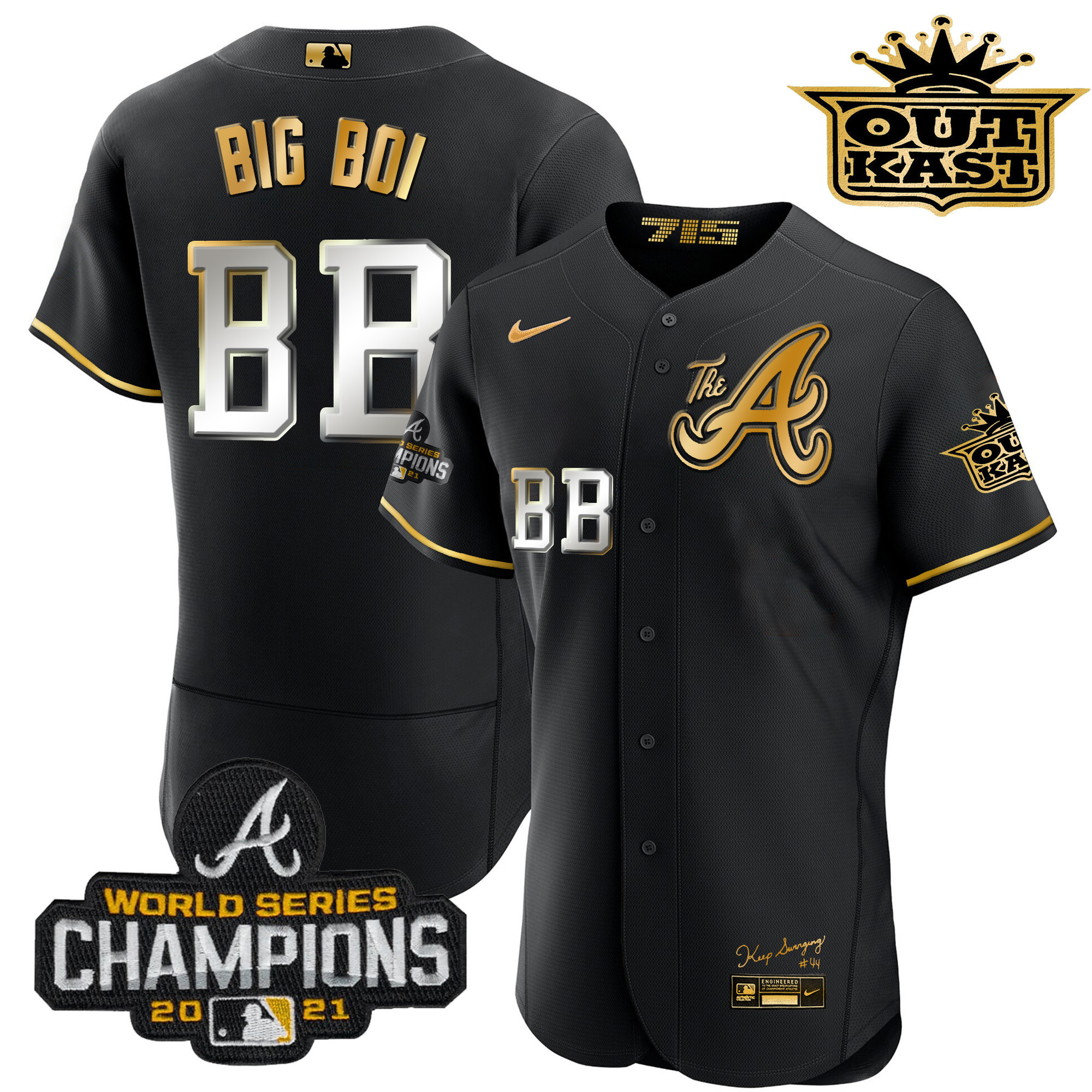 Big Boi Men's Atlanta Braves Outkast Gold The A Flex Base Black Gold Jersey - All Stitched
