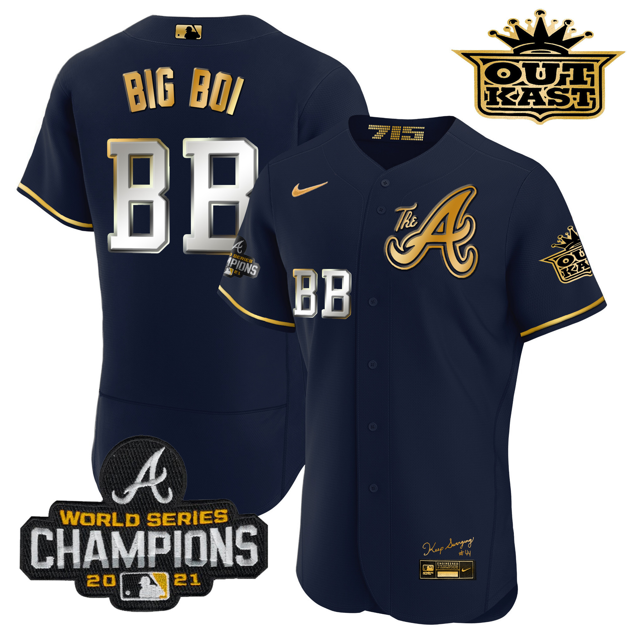 Big Boi Men's Atlanta Braves Outkast Gold The A Flex Base Navy Gold Jersey - All Stitched