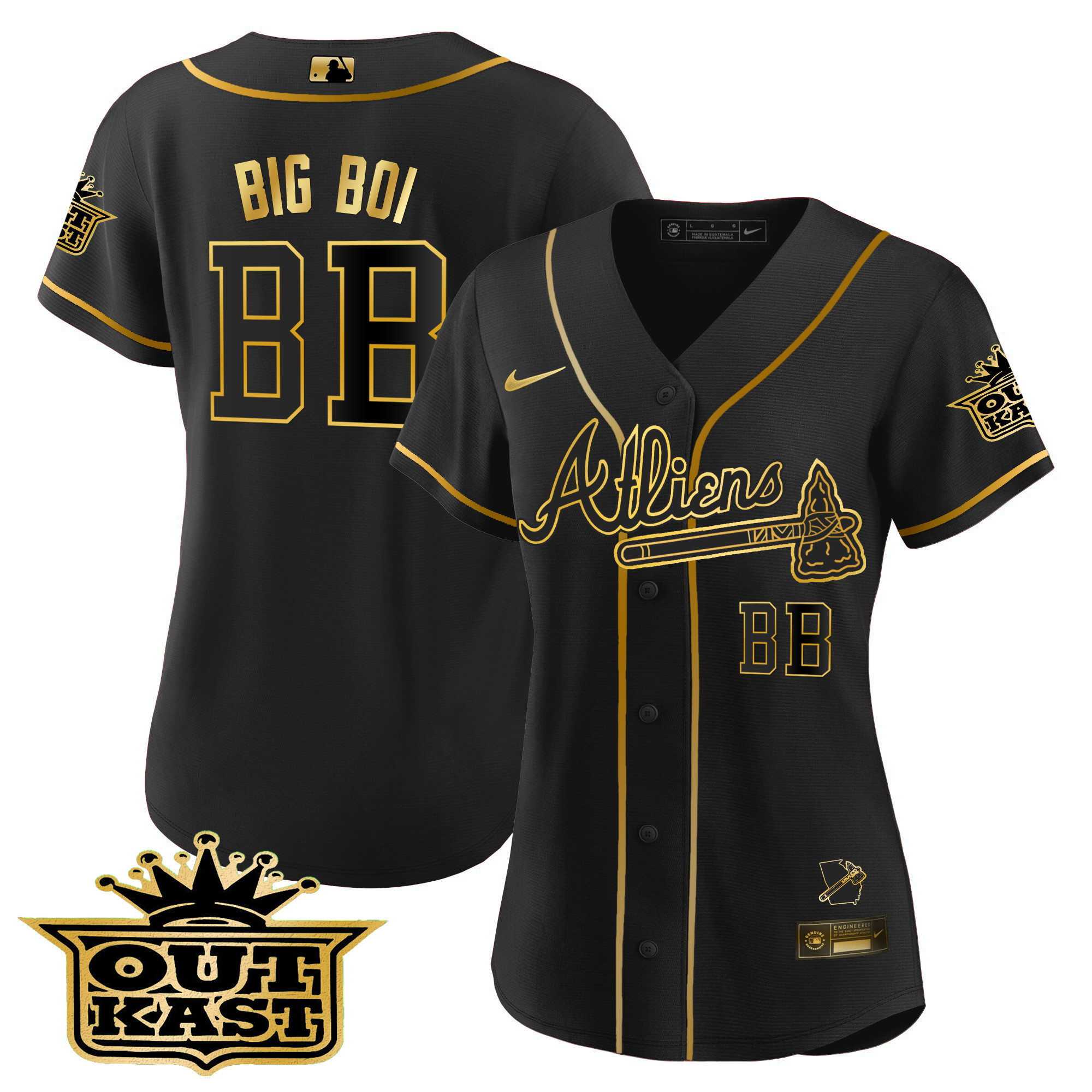 Big Boi Women's Atlanta Braves Atliens V2 Black Gold Jersey - All Stitched