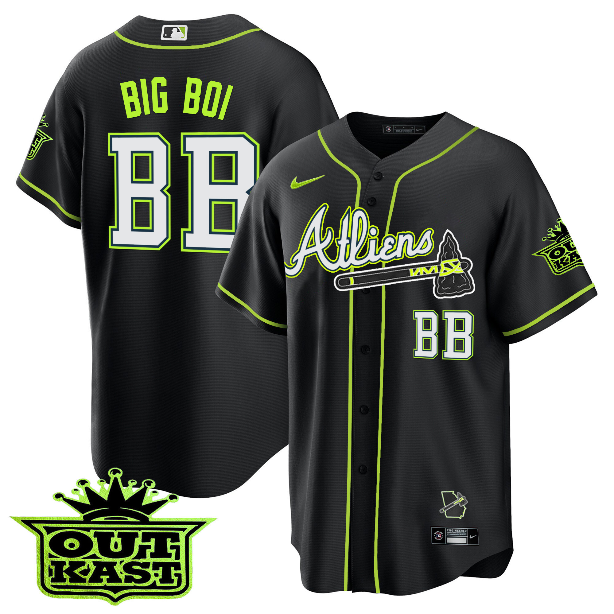 Big Boi Youth's Atlanta Braves Atliens Cool Base Black Jersey - All Stitched