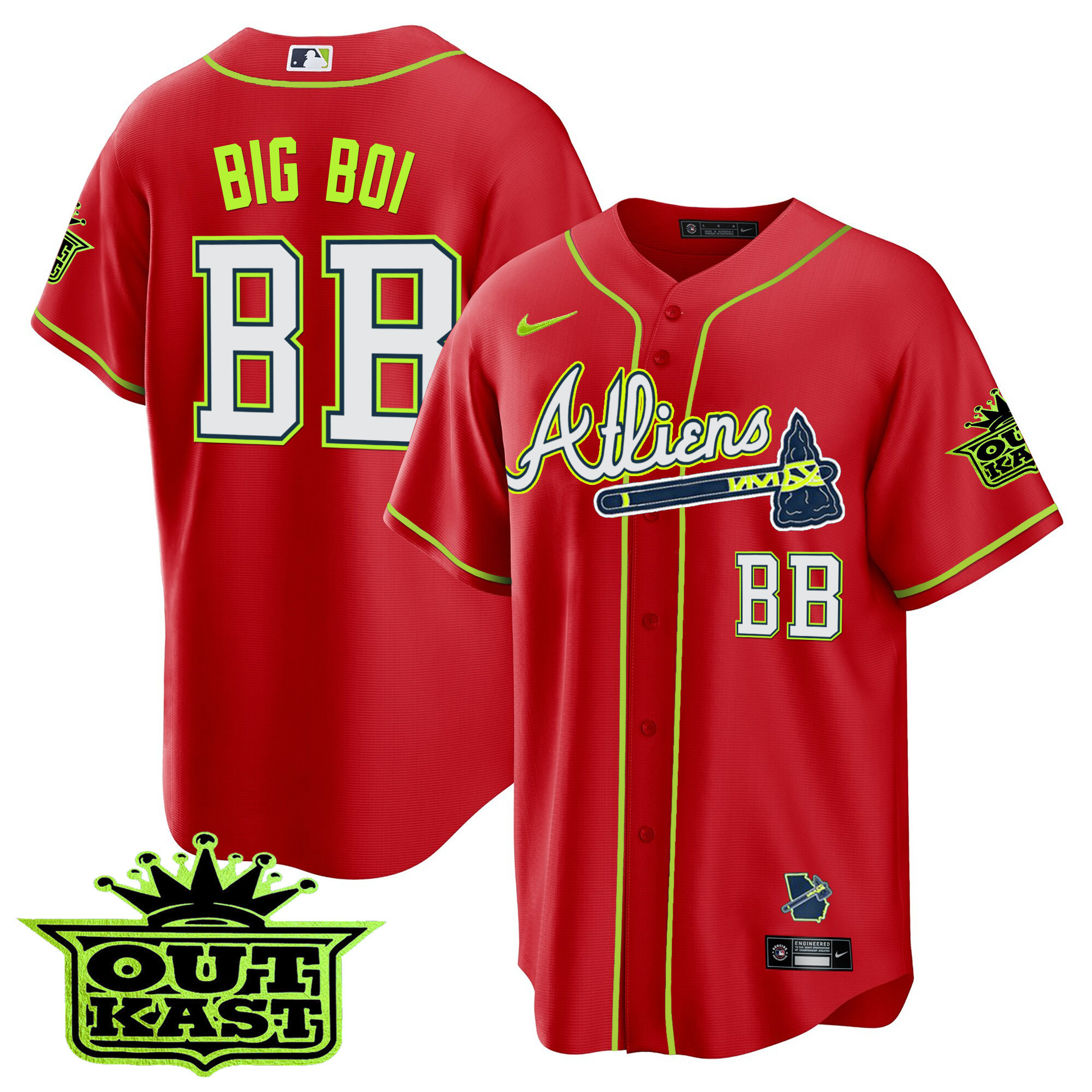 Big Boi Youth's Atlanta Braves Atliens Cool Base Red Jersey - All Stitched