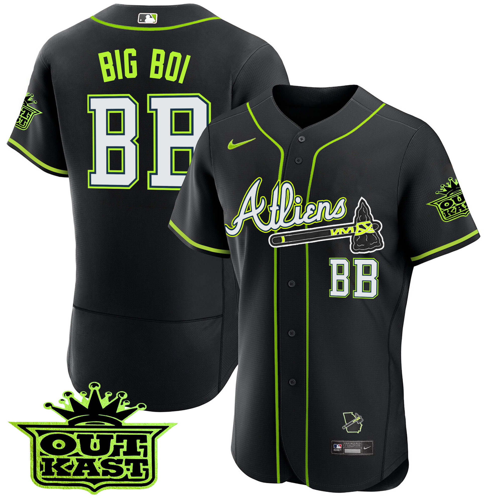 Big Boi Youth's Atlanta Braves Atliens Flex Base Black Jersey - All Stitched