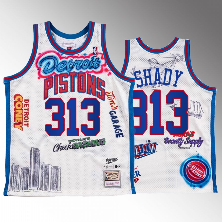 Big Sean X Mitchell Ness Shady Detroit Pistons White #313 Jersey BR Remix