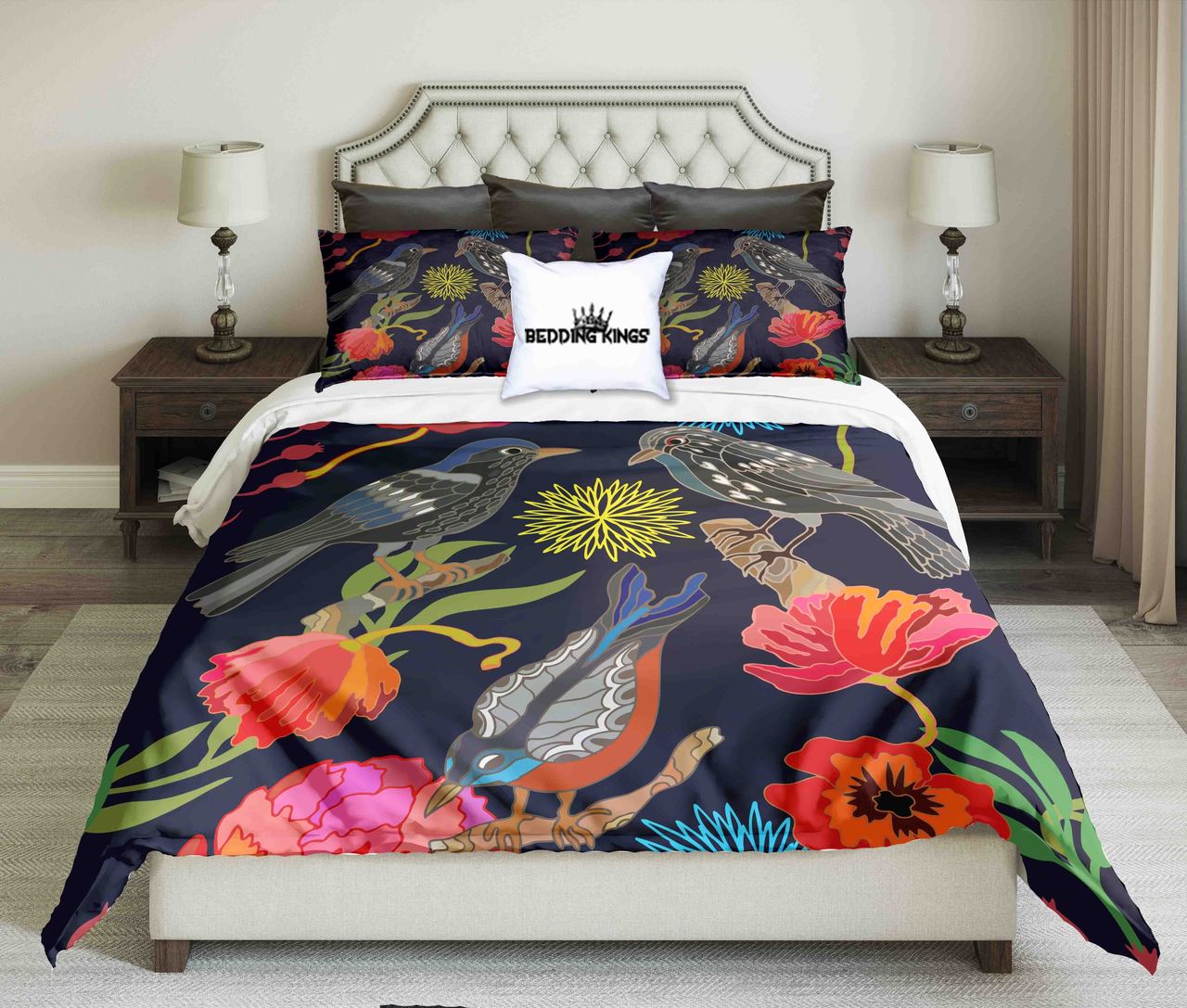Birds And Flowers Colourful Kings 3D Customized Duvet Cover Bedding Set