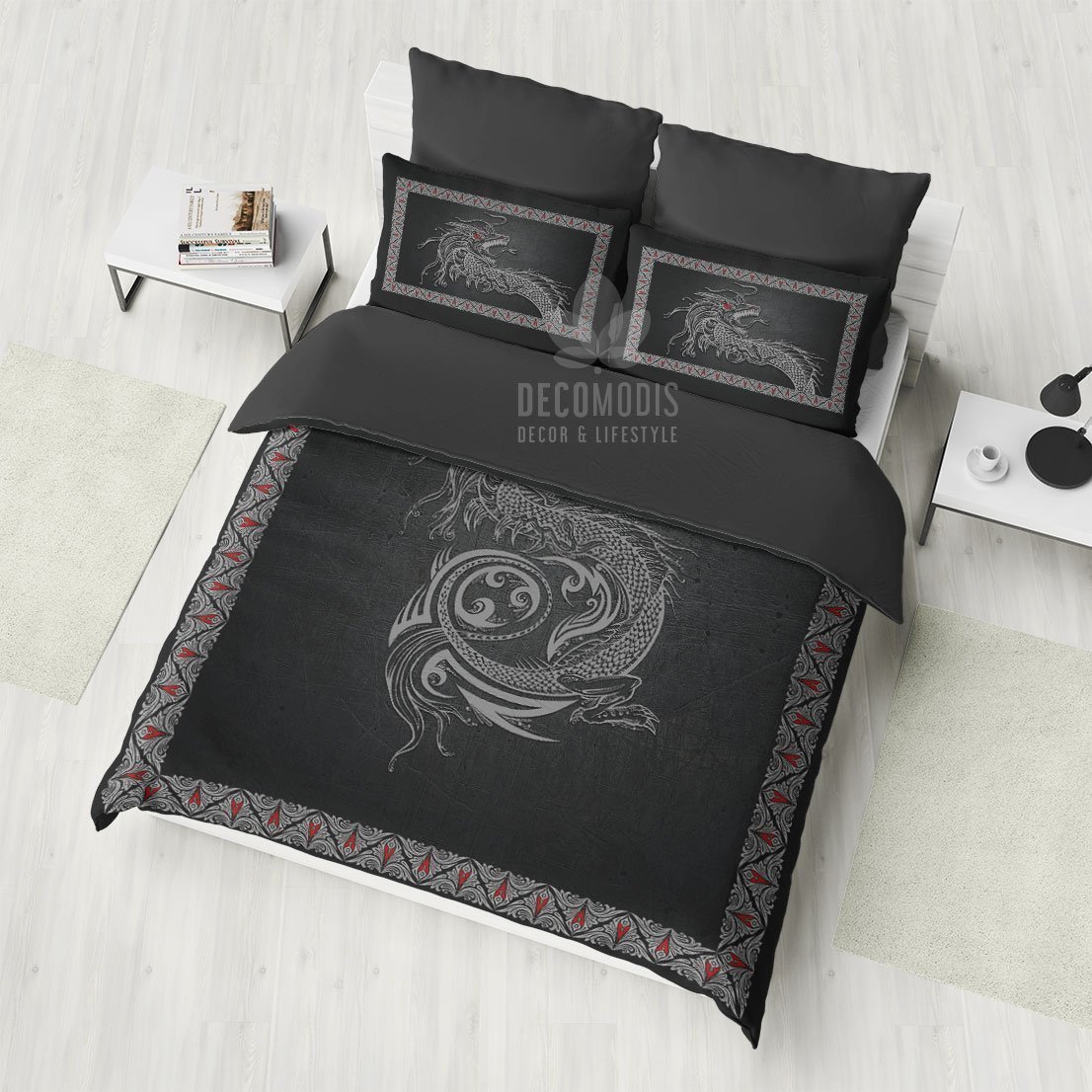 Black Dragon , Celtic Dragon , Medieval Viking Kids Duvet Cover Bedding Set
