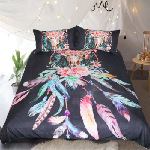 Black Feathers Skulls Duvet Cover Bedding Set