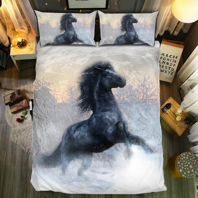 Black Horse Winters 3D Customized Duvet Cover Bedding Set
