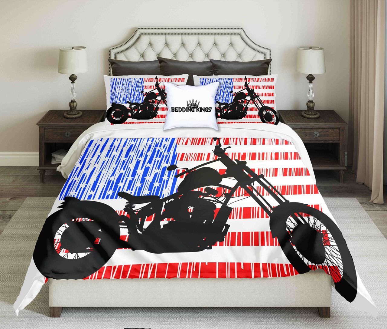 Black Motorcycle On Usa Flag Background Design Kings 3D Customized Duvet Cover Bedding Set