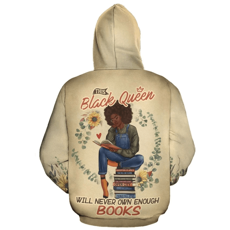 Black Queen Will Never Own Enough Books Aop Hoodie