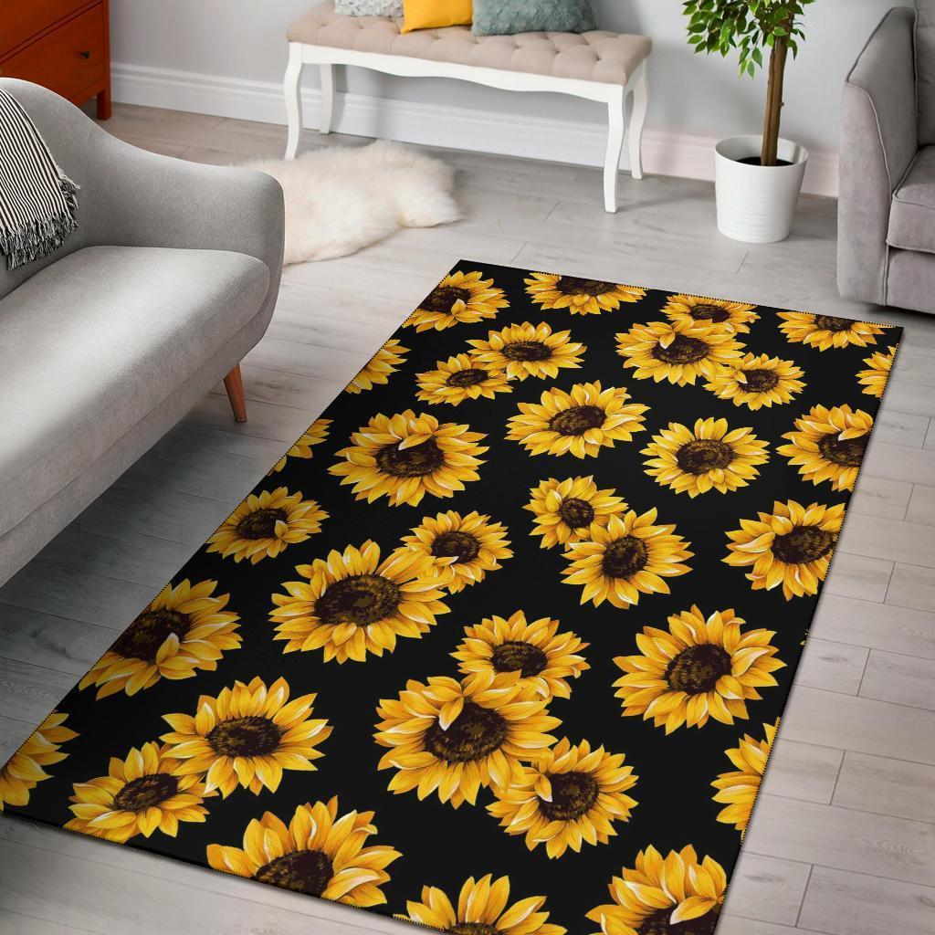 Black Sunflower Pattern Area Rectangle Rug