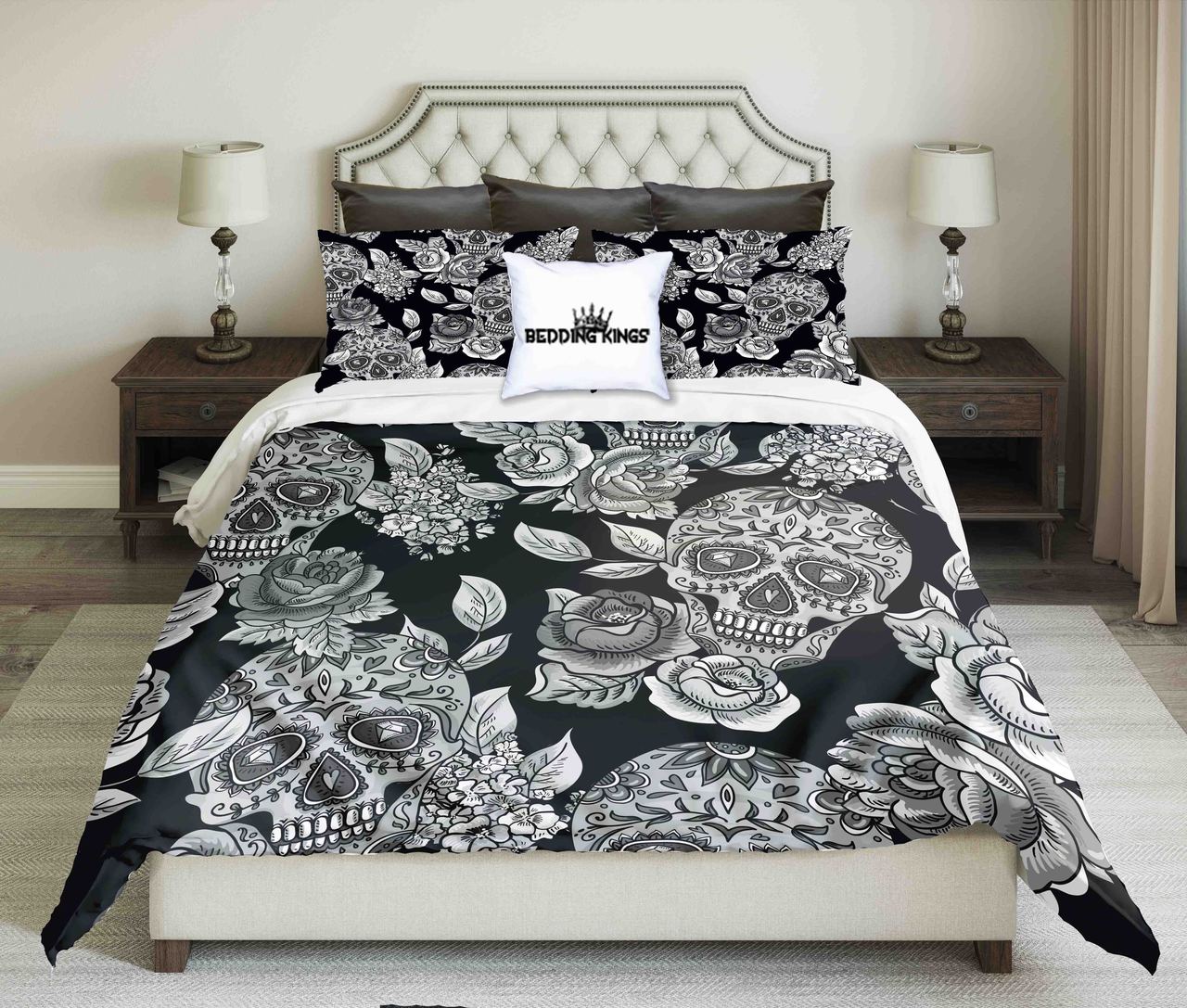 Black White Floralkull Kings 3D Customized Duvet Cover Bedding Set