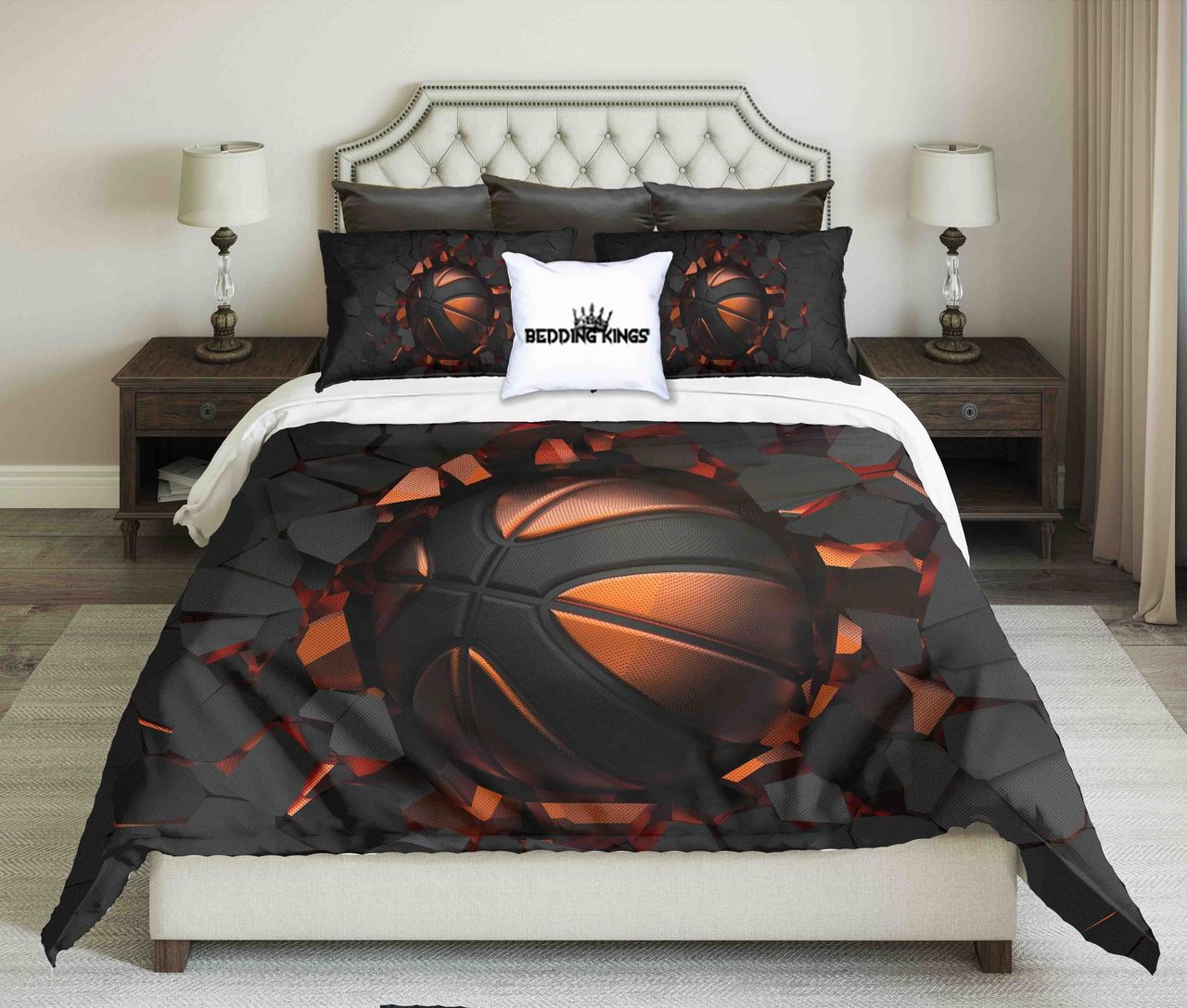 Blackorange Basketball On Black Cracked Wall Background Design Kings 3D Customized Duvet Cover Bedding Set