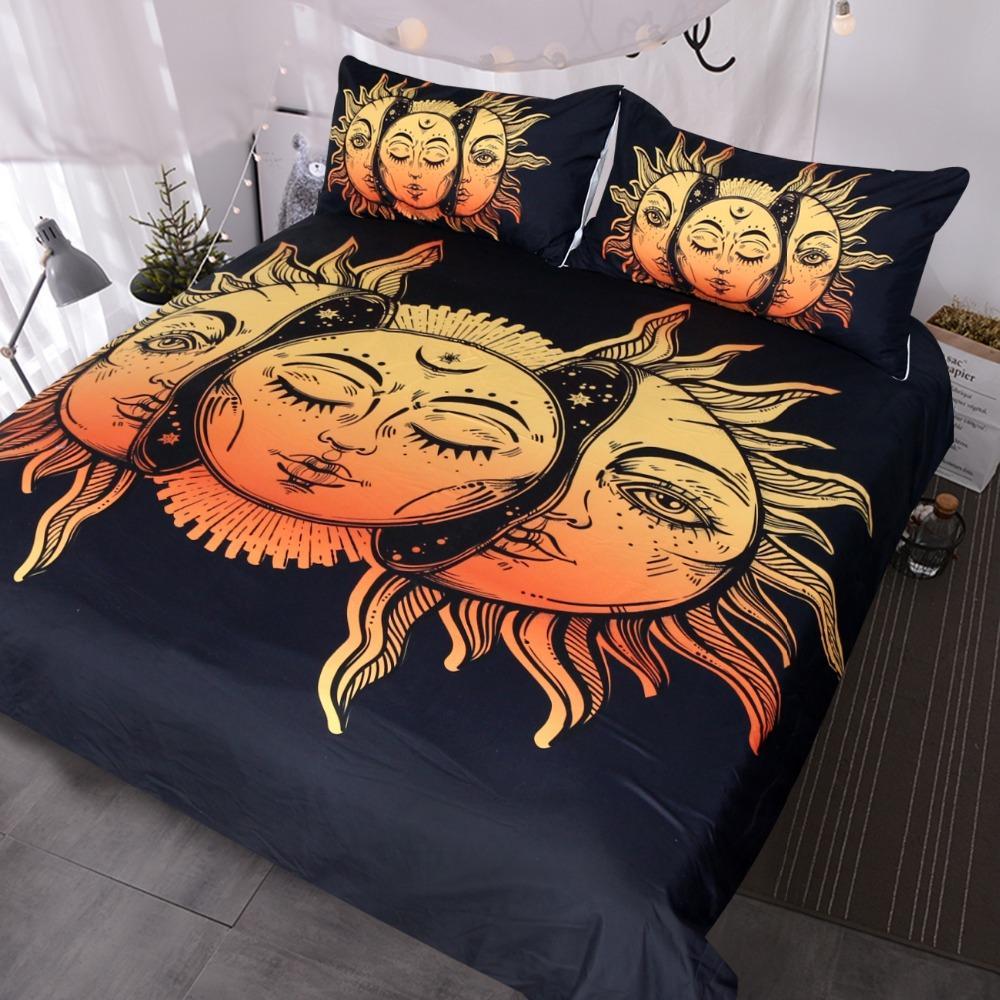 Blessliving Crescent Moon Tars Celestial Et Retro Boho Bed Cover Yellow Black 3D Customized Duvet Cover Bedding Set